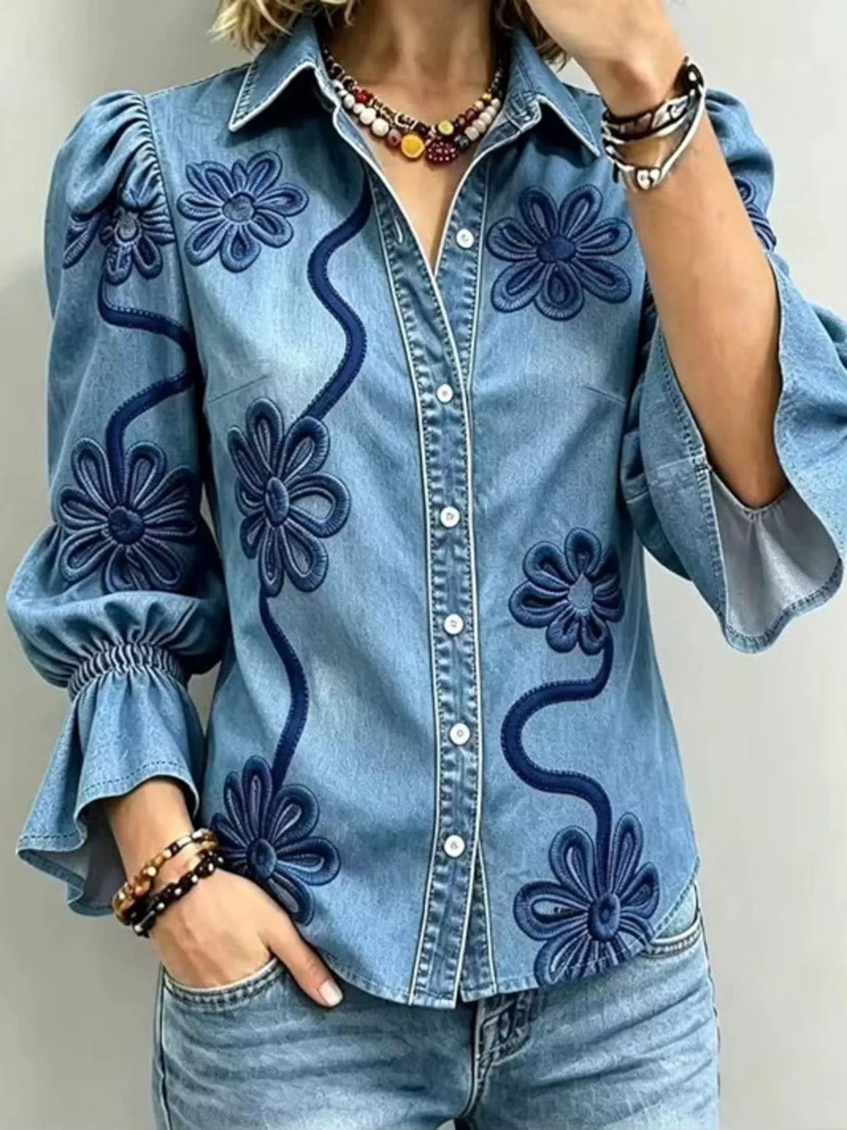 Full Size Denim Lock Floral Embroidered Shirt Plus Size in Dusty Blue