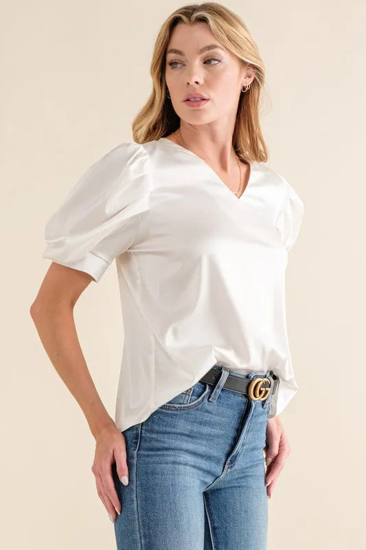 And The Why Plain Satin Puff Shirring V Neck Blouse Top in White, view 2
