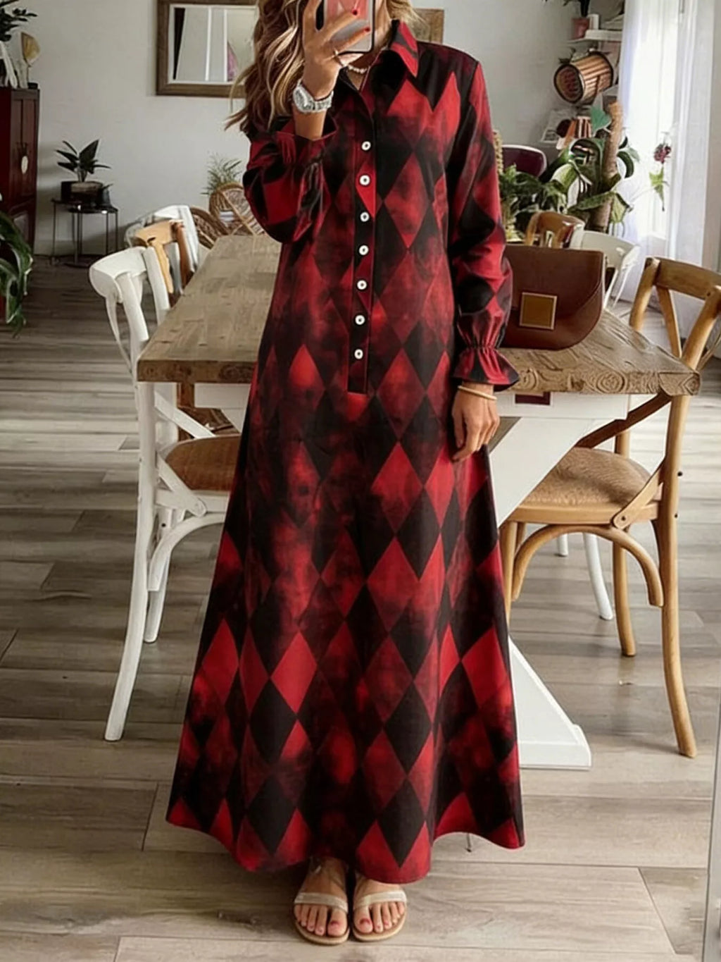 Argyle Print Button-Down Maxi Dress - Lilixa.store