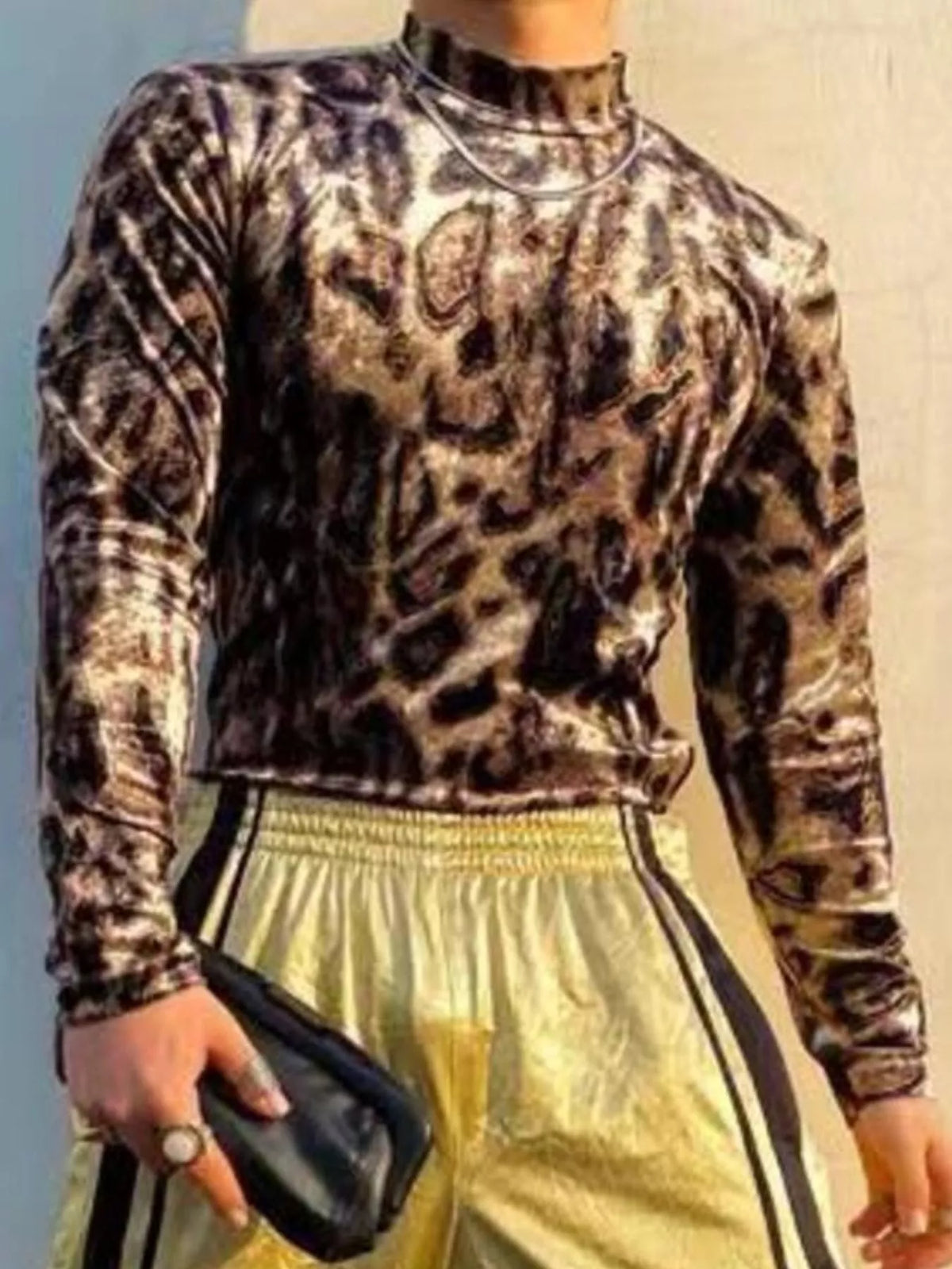 Men's Full Size Leopard Velvet Mock Neck Long Sleeve T-Shirt Plus Size
