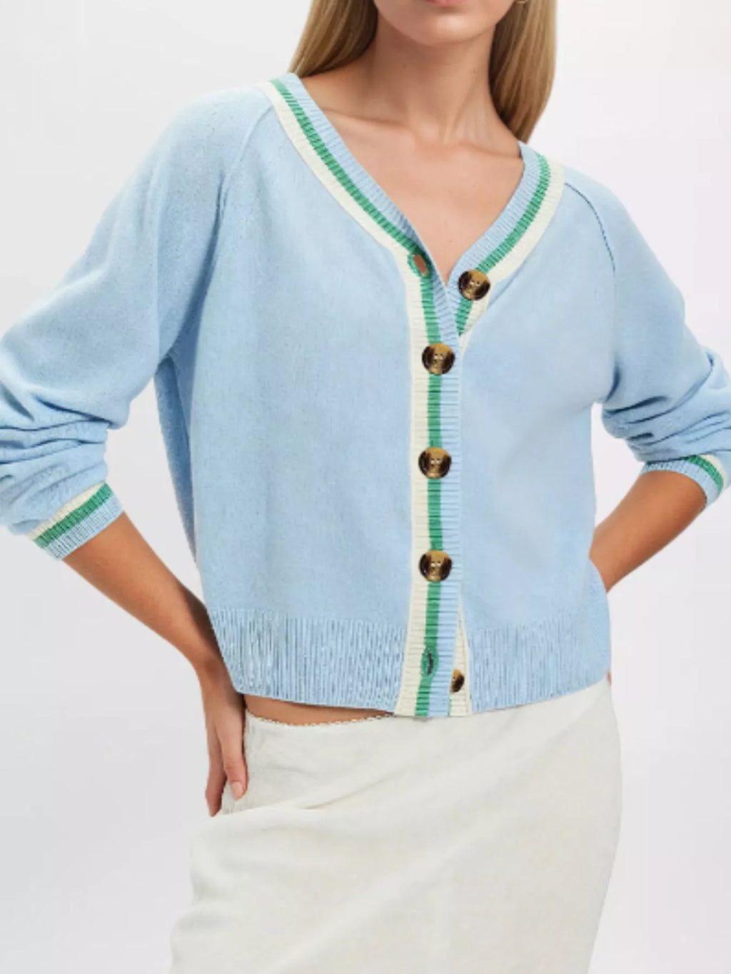 Striped Trim Button-Down Cardigan - Lilixa.store