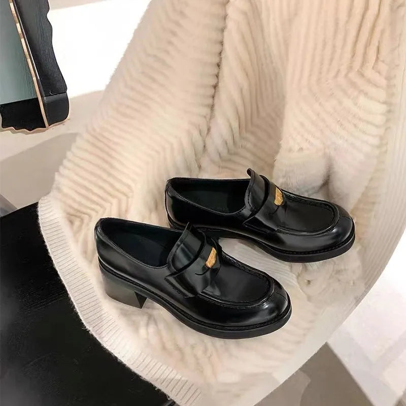 Round Toe Block Heel Loafers in Black, view 3