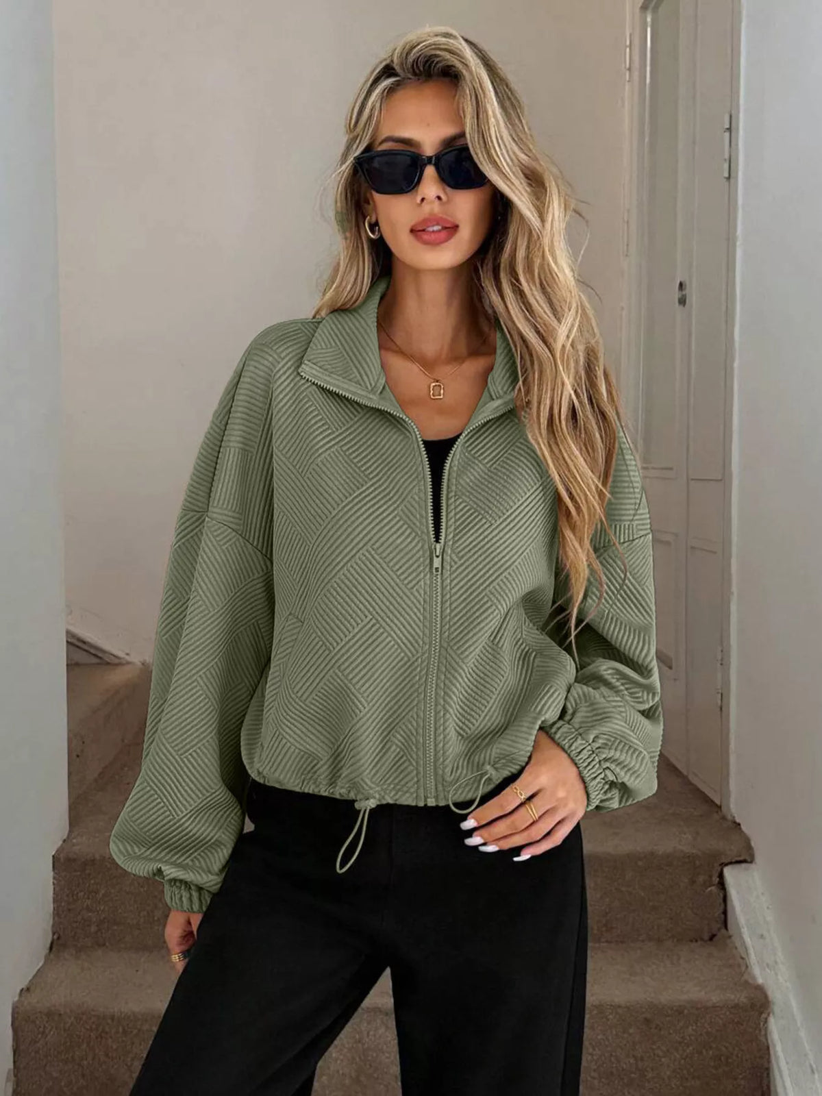 Drawstring Hem Textured Long Sleeve Jacket in Army Green