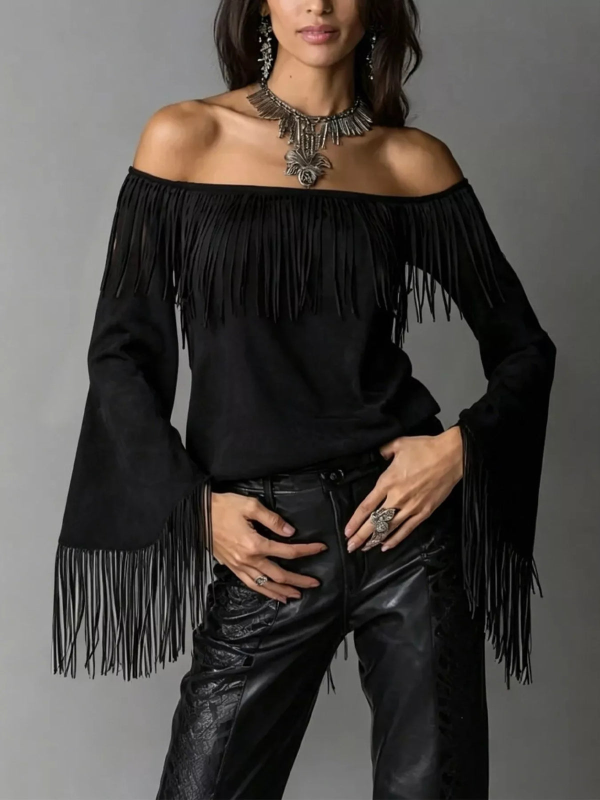 Full Size Fringed Off-Shoulder Flare Sleeve Top Plus Size - Lilixa.store