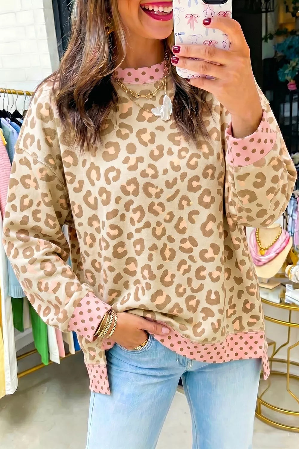 Leopard Print Sweatshirt with Polka Dot Accents - Lilixa.store