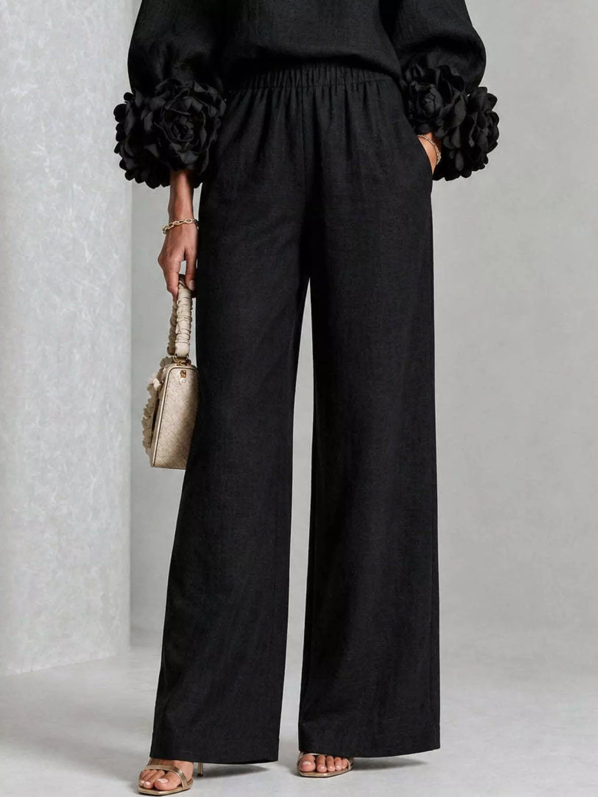 Full Size Floral Cuffs Top and Wide Leg Pants Set Plus Size