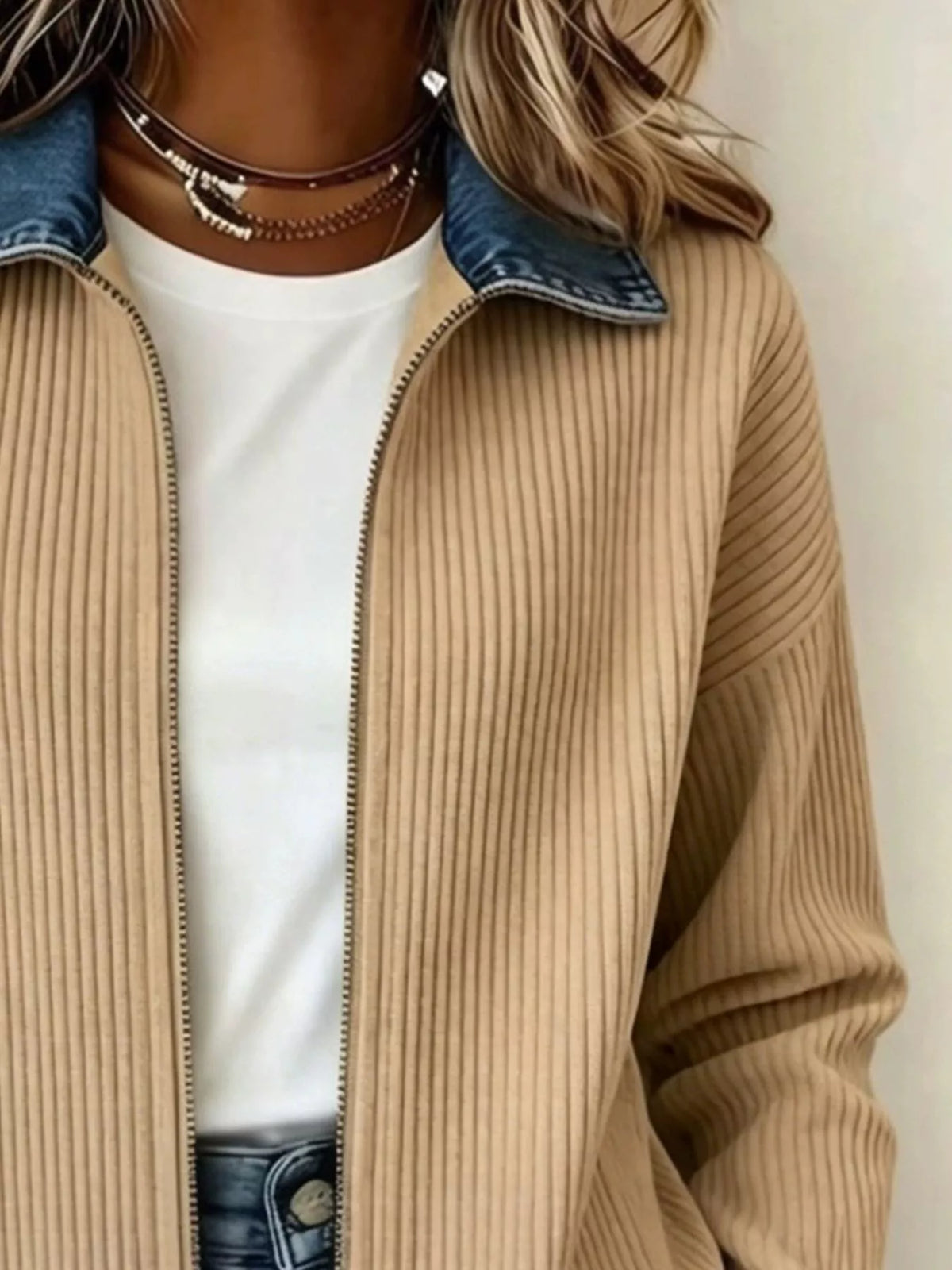 Contrast Denim Collar Ribbed Knit Jacket - Lilixa.store