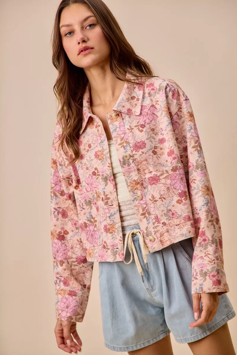 SO ME Floral Print Cotton Twill Button Down Barn Jacket in Blush Pink, view 6