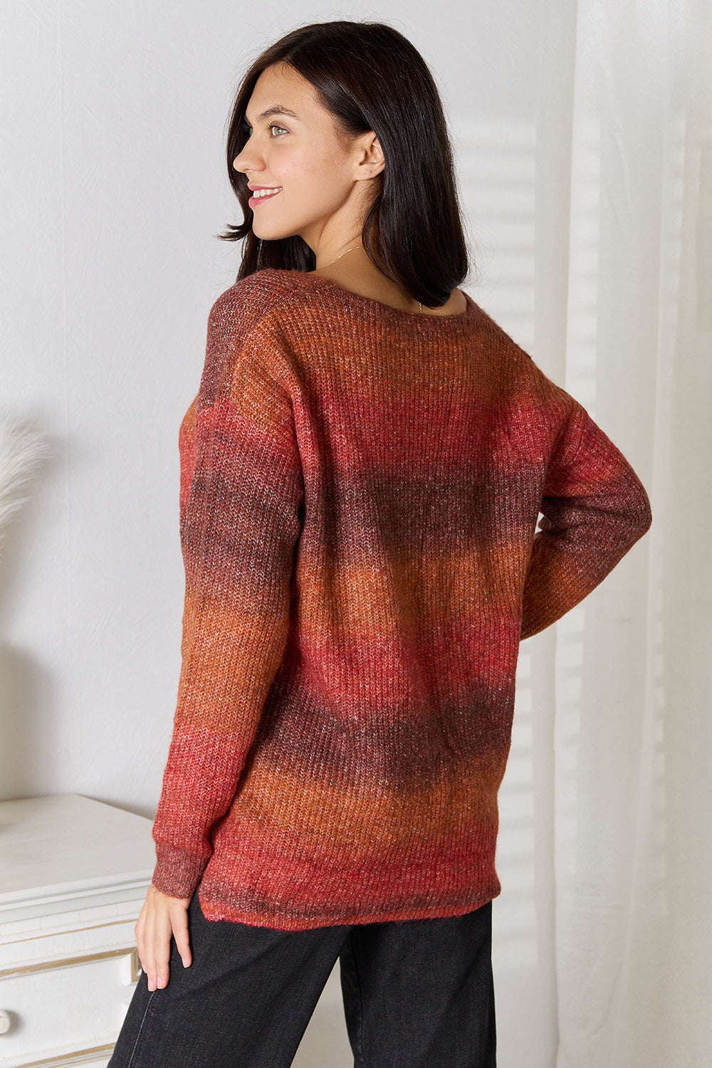 Angel Wings Gradient V-Neck Sweater in Brick Red, view 2