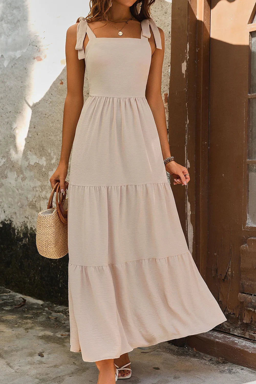 Perfee Tie Shoulder Smocked Tiered Dress - Lilixa.store