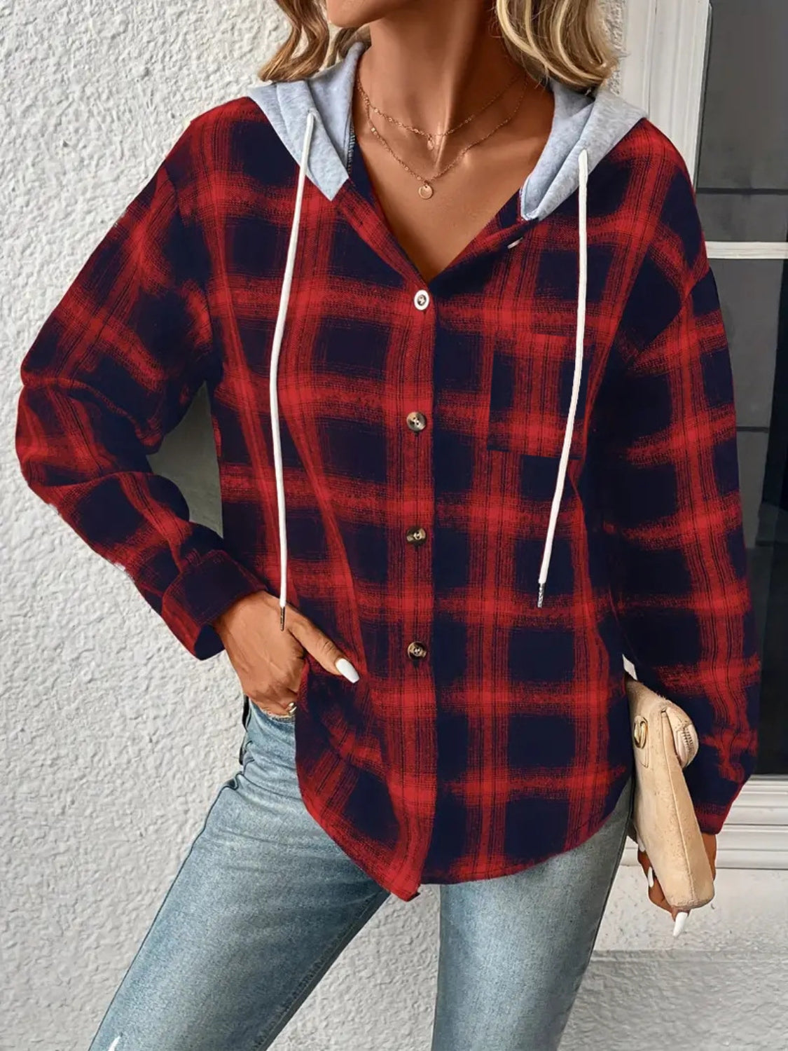 Plaid Drawstring Button Up Hooded Jacket in Brick Red