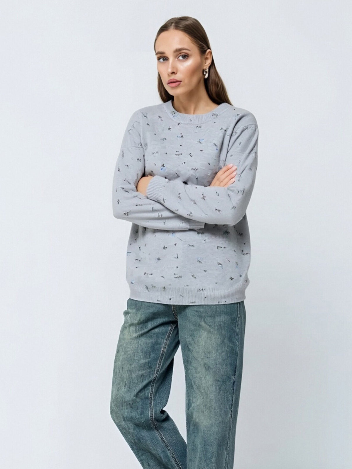 Floral Dropped Shoulder Oversized Sweater in Grey