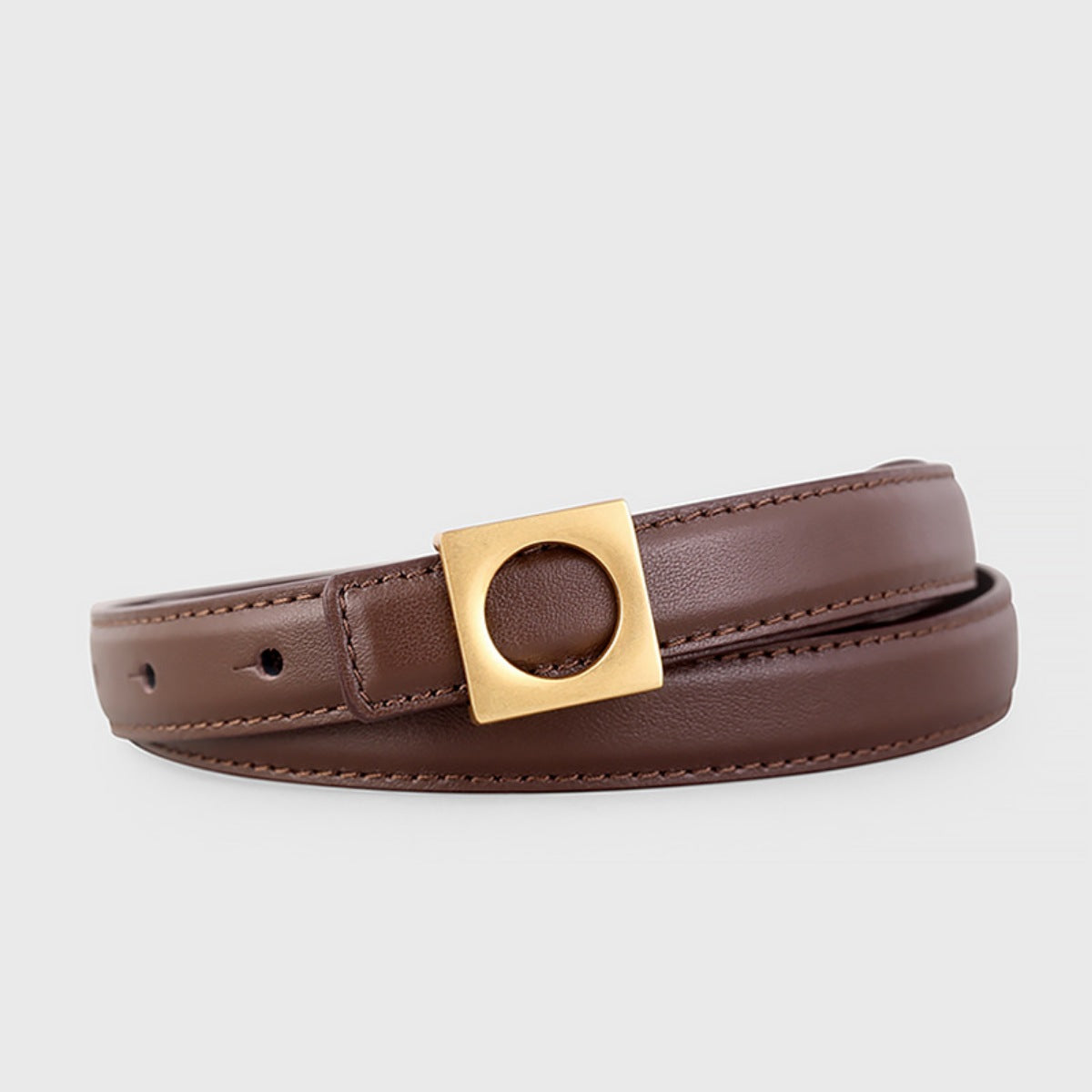 Square Buckle Skinny Leather Belt in Olive Brown