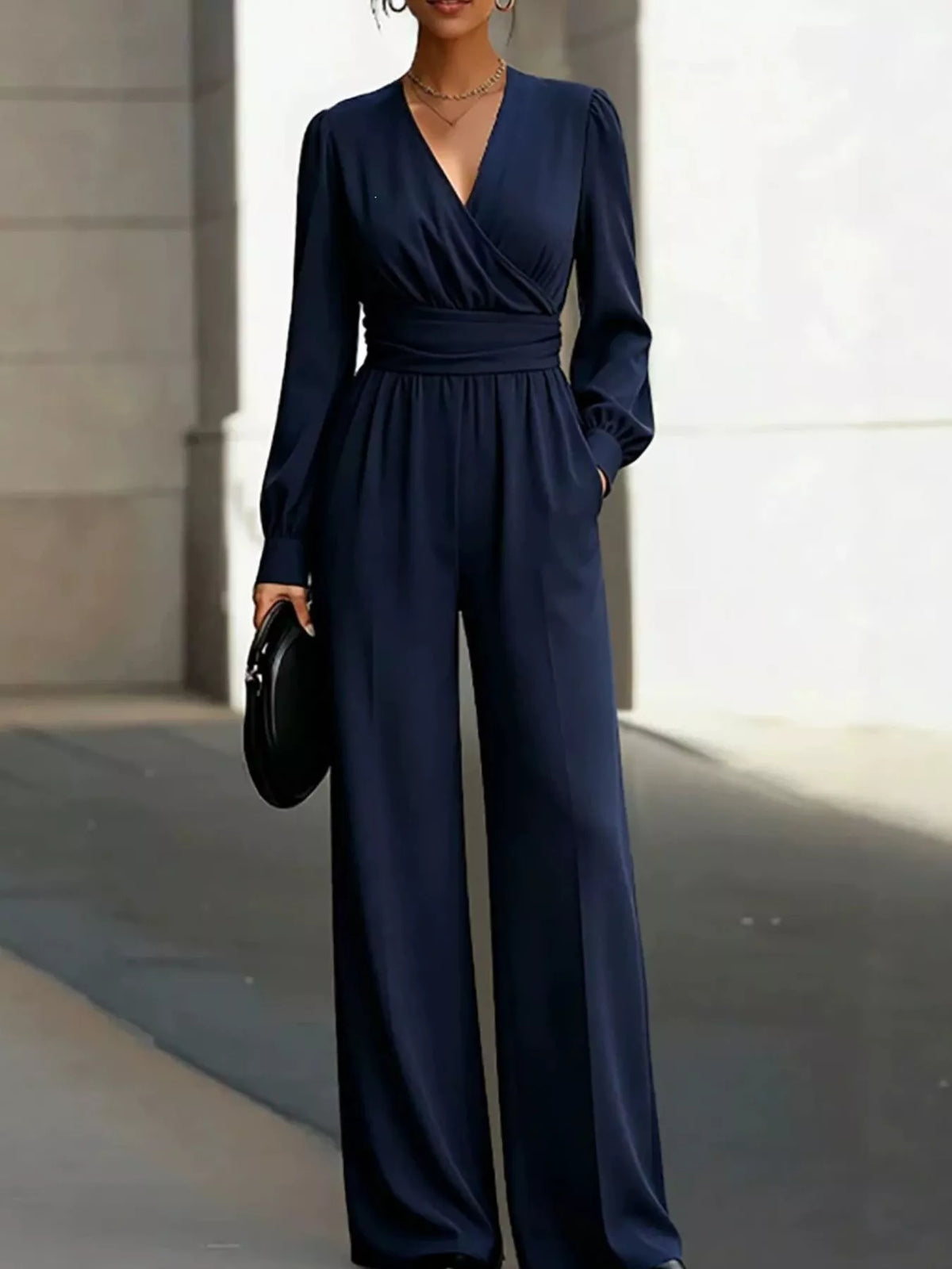 Surplice Long Sleeve Wide-Leg Jumpsuit in Dark Blue