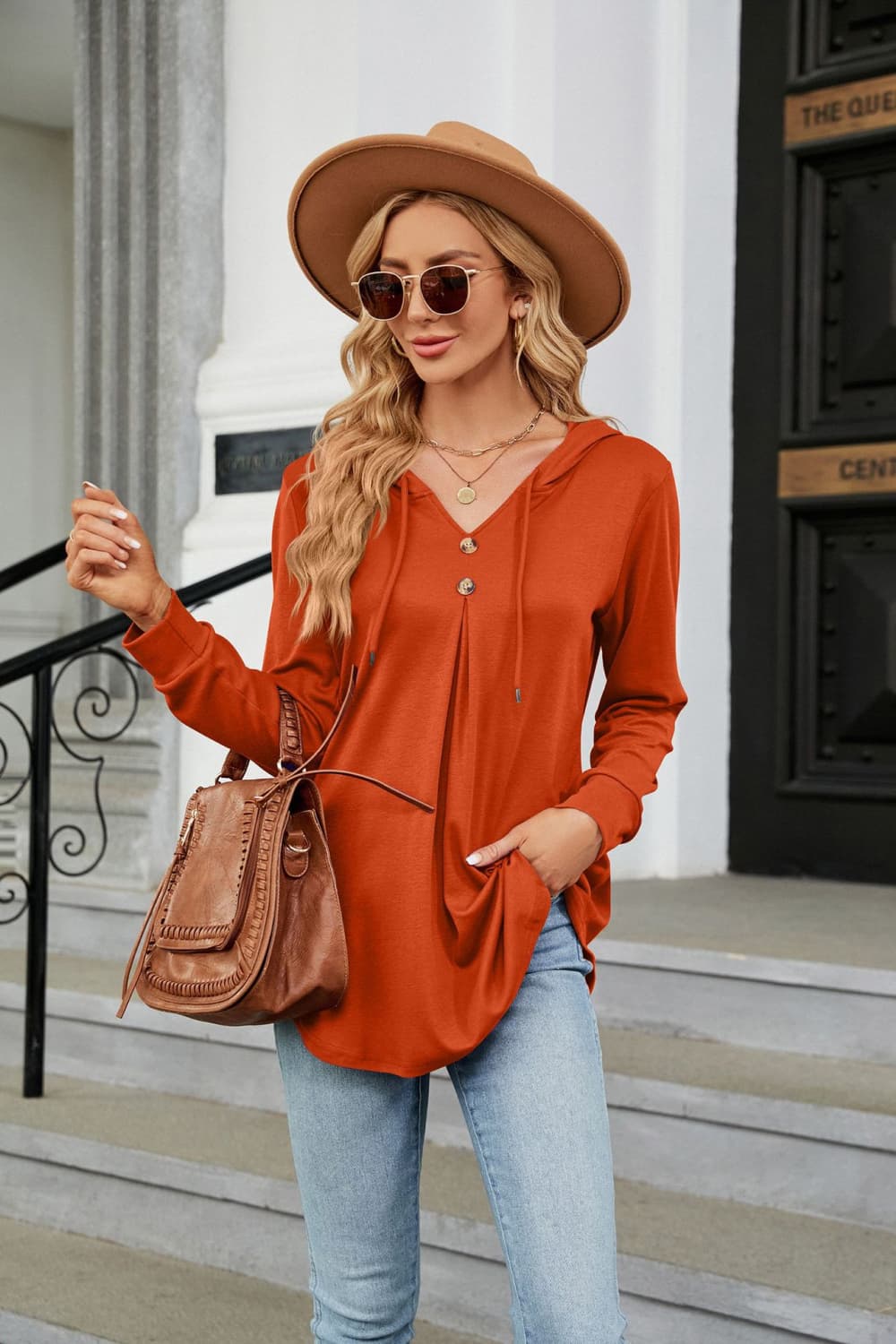 Long Sleeve Hooded Blouse in Orange