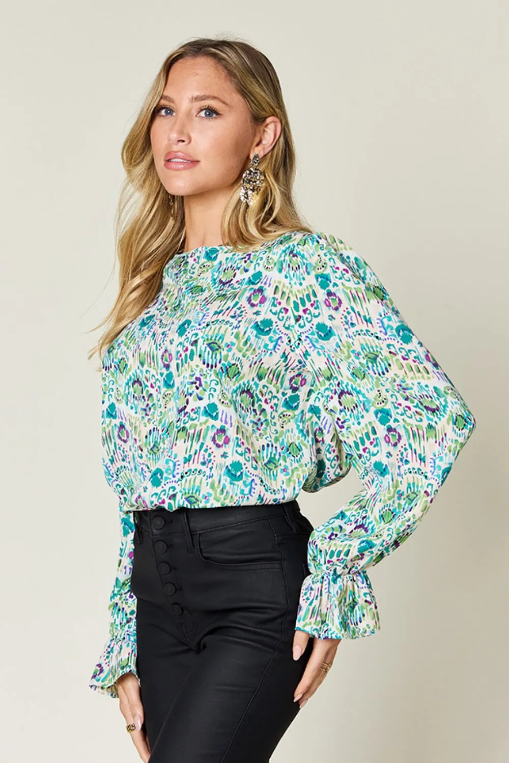 Double Take Full Size Printed Flounce Sleeve Blouse - Lilixa.store
