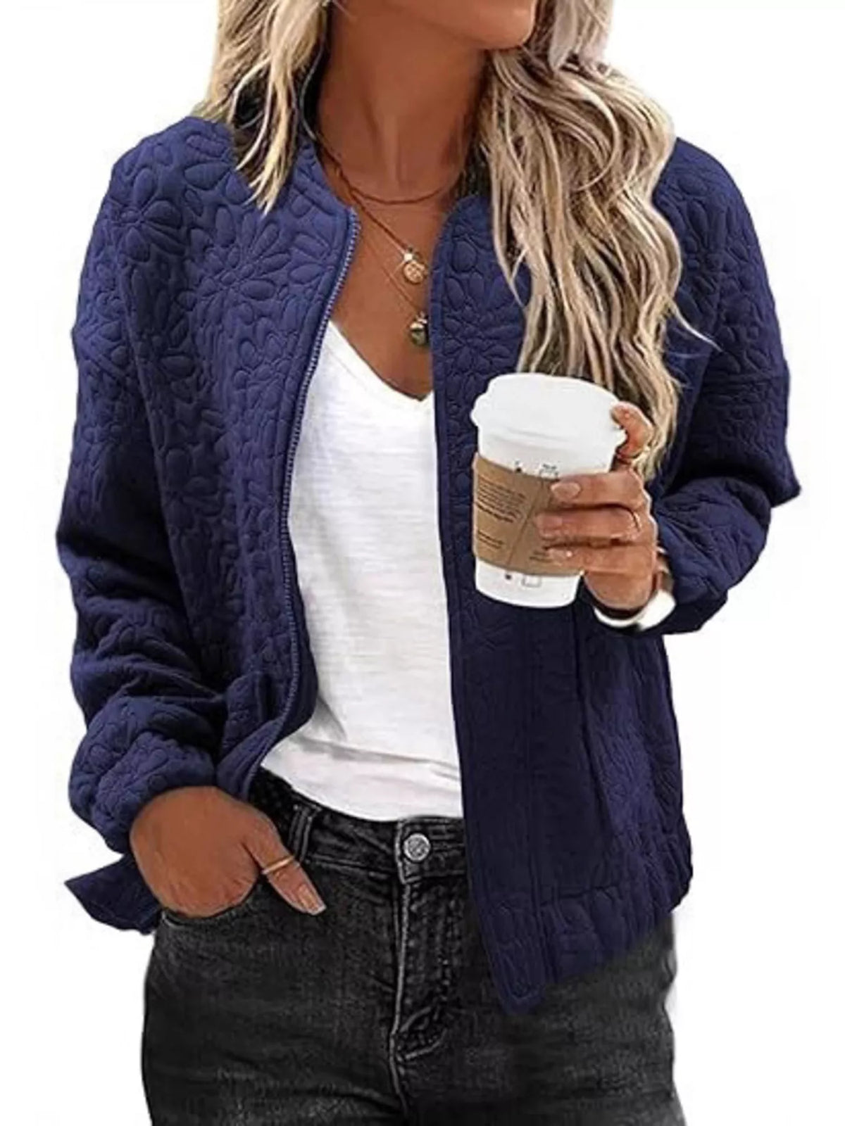 Floral Quilted Zip Up Jacket in Navy Blue