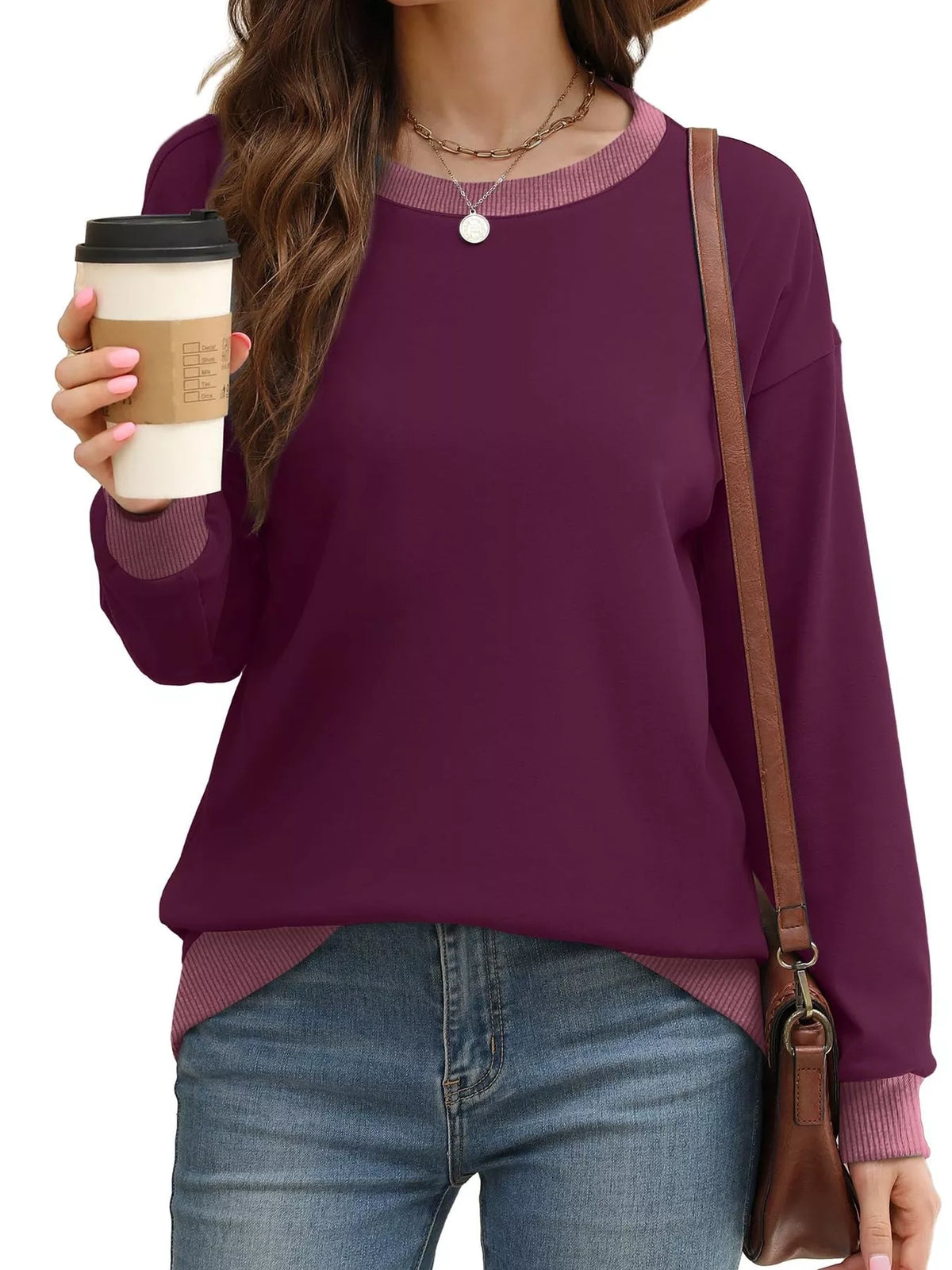 Contrast Trim Crew Neck Casual Sweatshirt - Lilixa.store