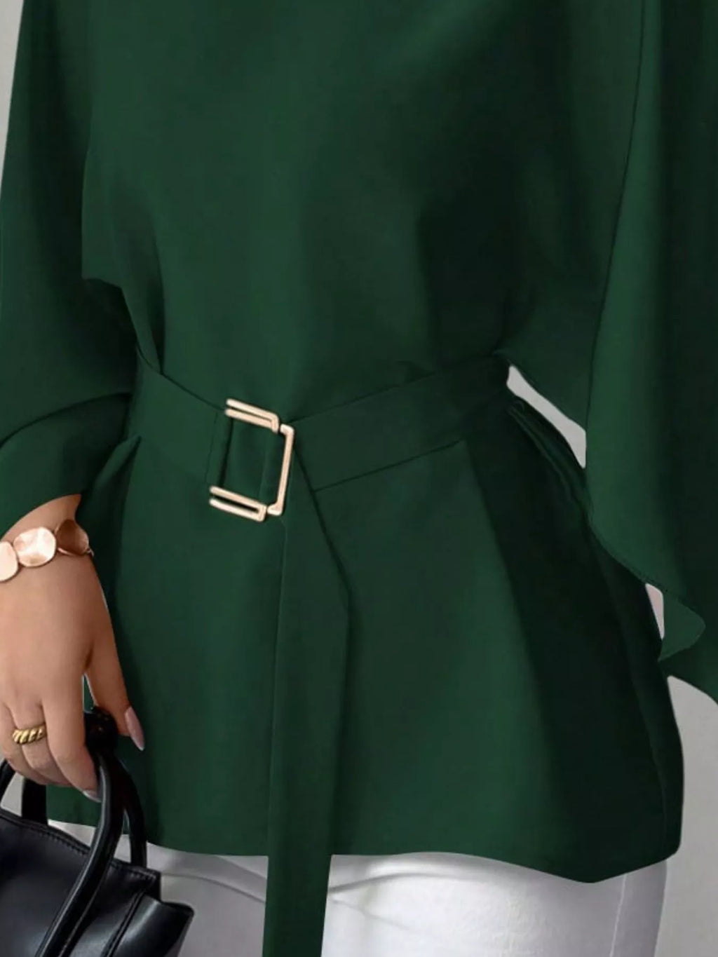 Round Neck Belt Batwing Sleeve Blouse - Lilixa.store