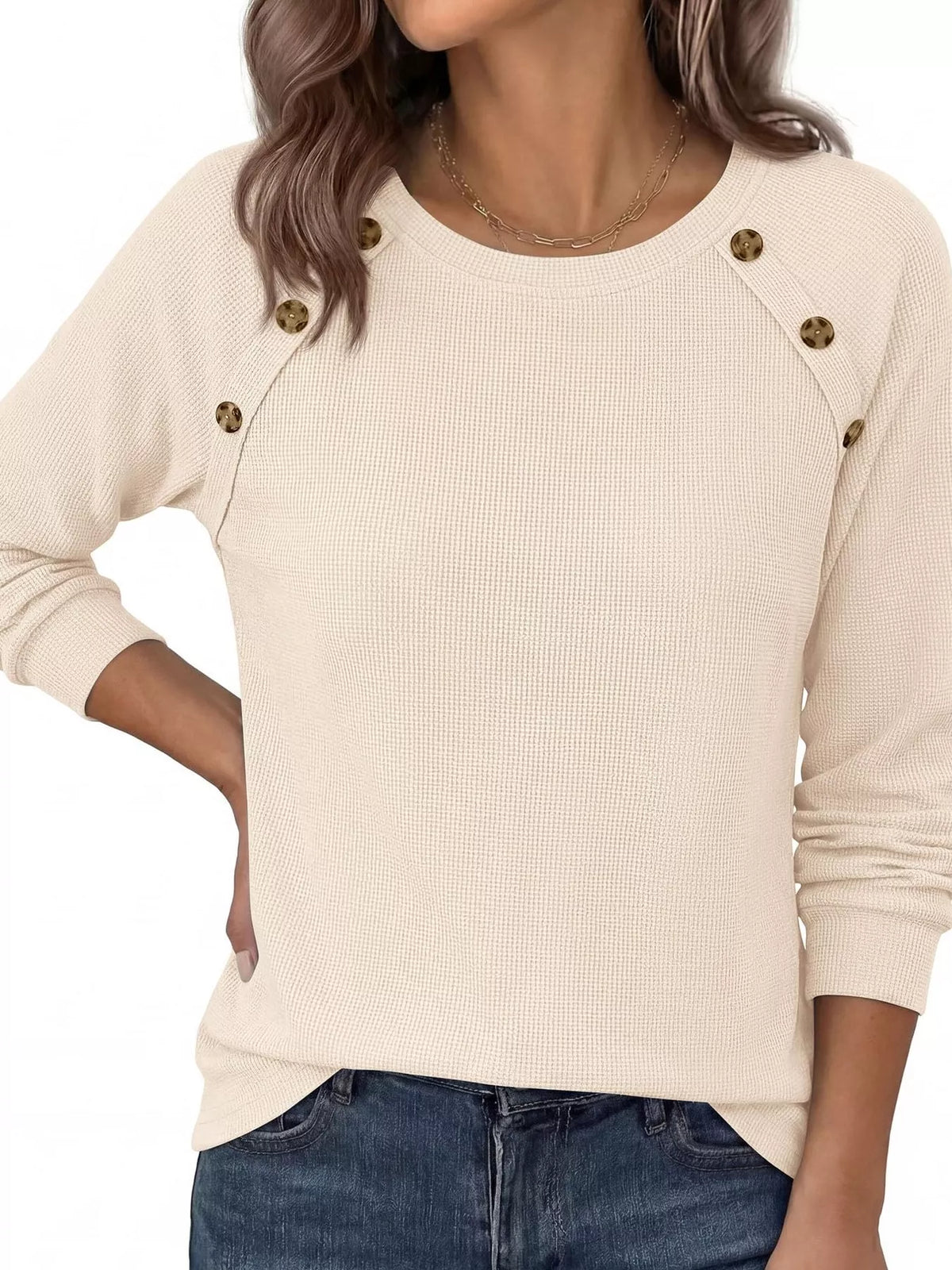 Decorative Button Waffle Knit Long Sleeve T-Shirt