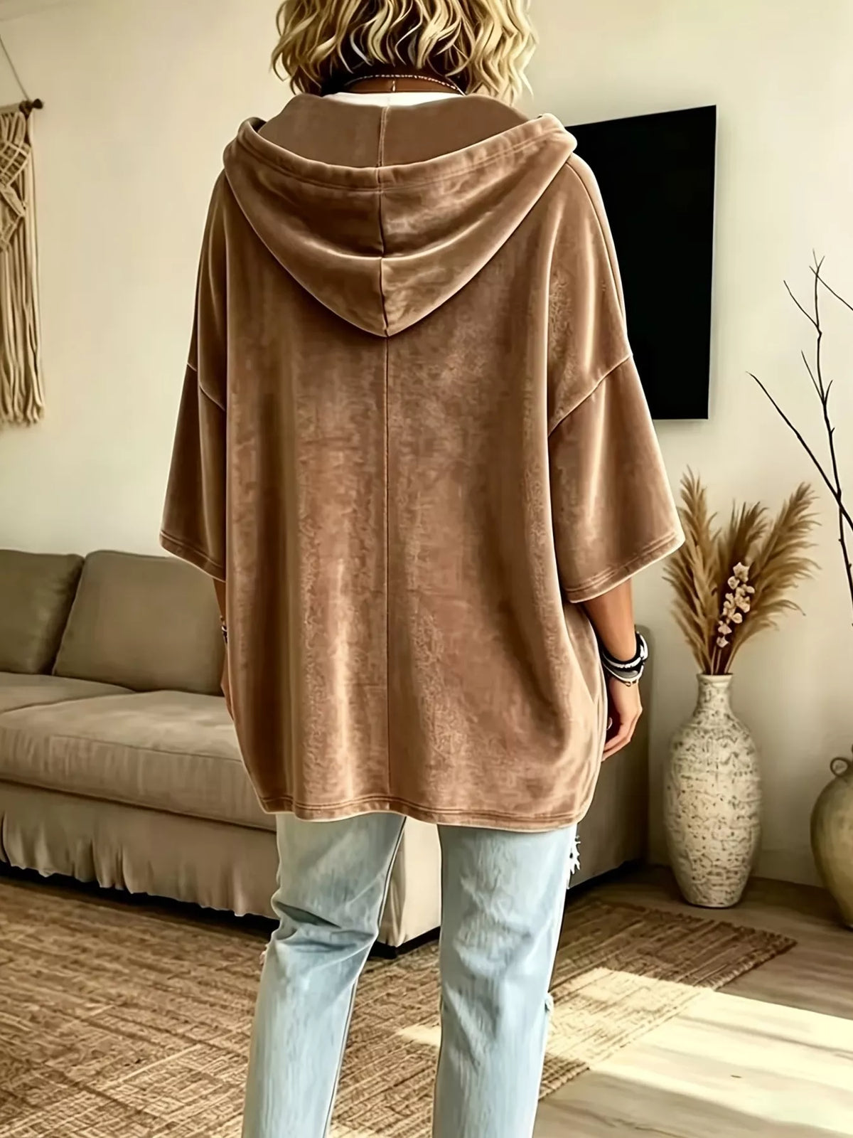 Full Size Velvet 3/4 Sleeve Hoodie with Kangaroo Pocket Plus Size - Lilixa.store