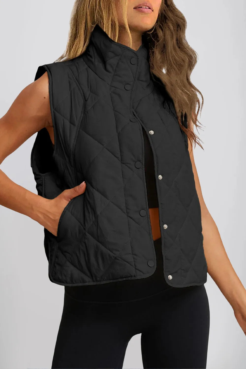 Snap Down Texture Vest Coat with Pockets in Black