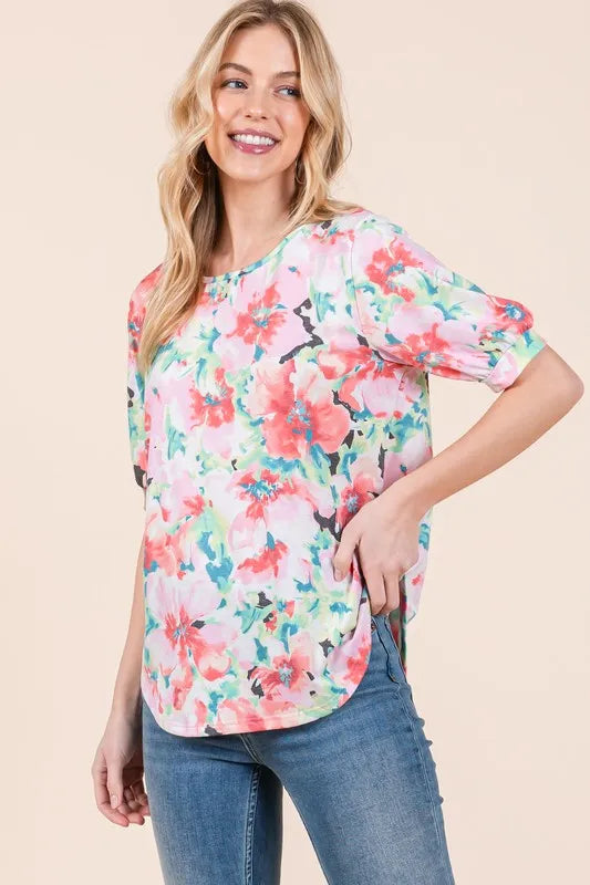 BOMBOM Floral Round Neck Puff Sleeve Top - Lilixa.store