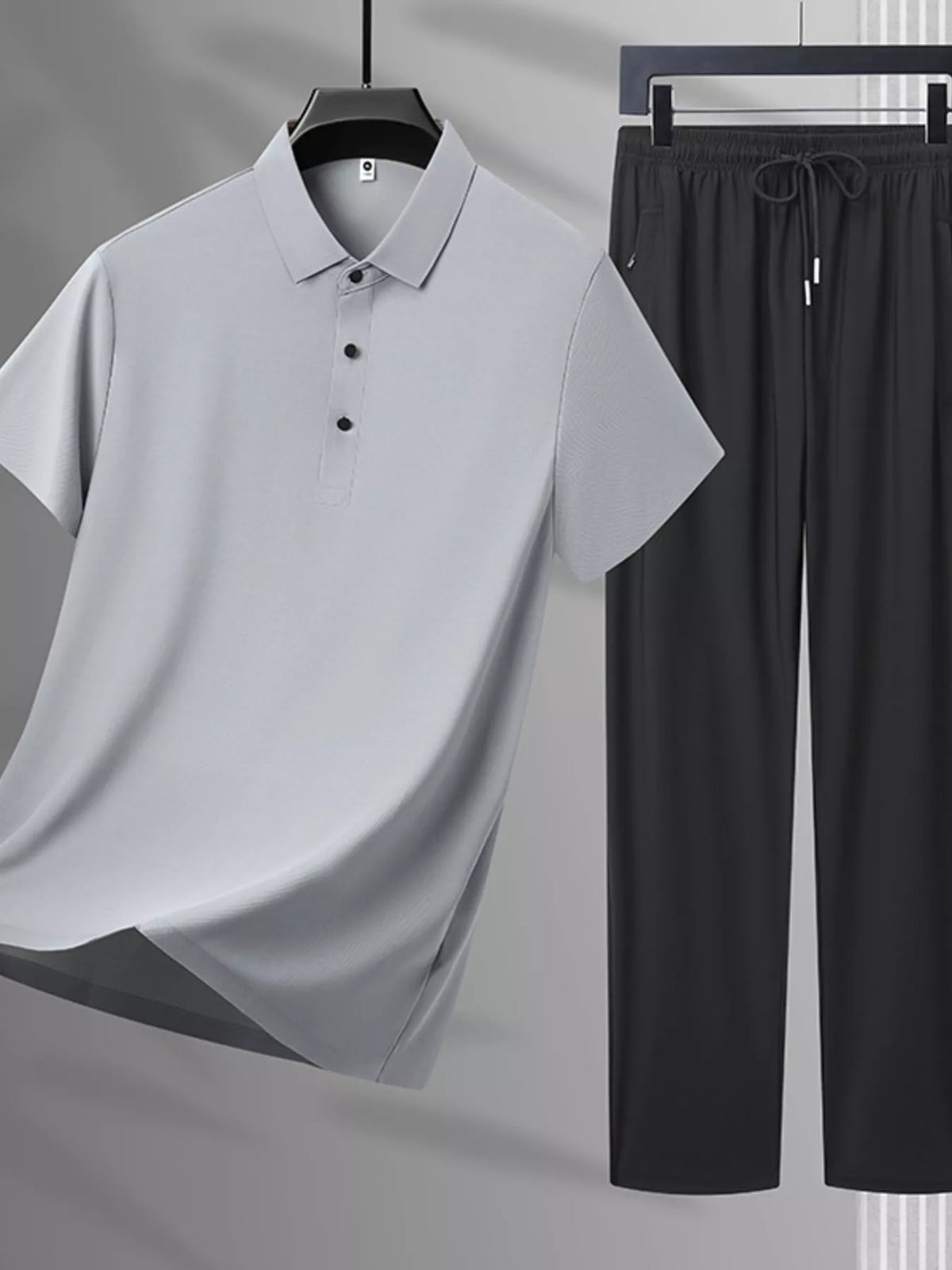 Men's Plus Size Button Detail Polo and Pants Set in Light Gray
