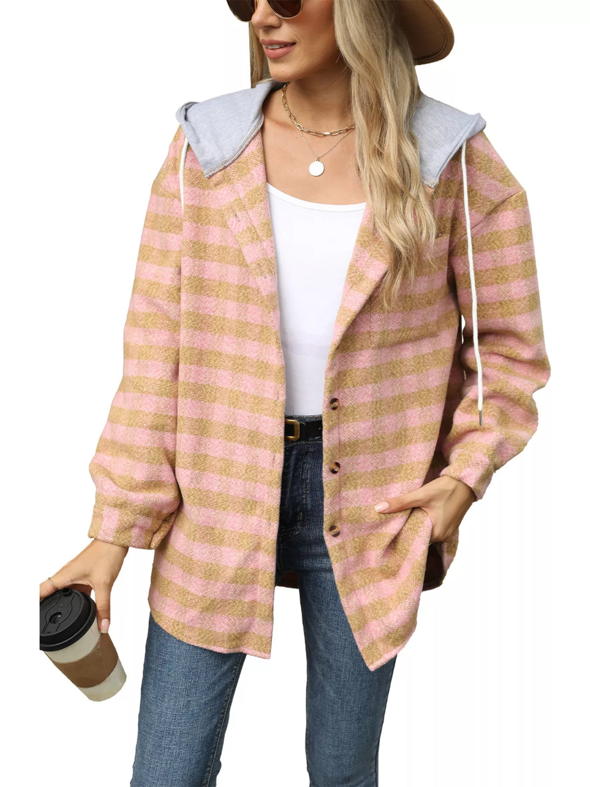 Plaid Button Up Long Sleeve Drawstring Hooded Jacket, view 15