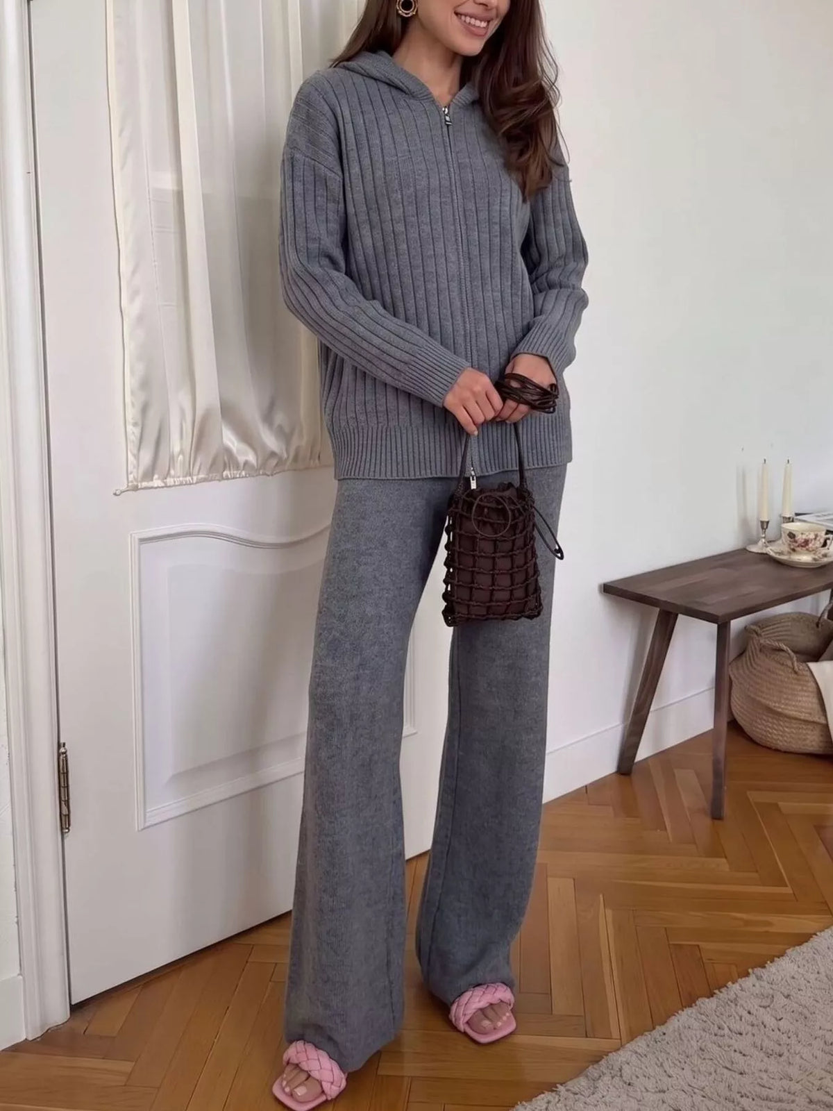 Cozy Ribbed Knit Zip-Up Hoodie and Wide-Leg Pants Sweater Set, view 7