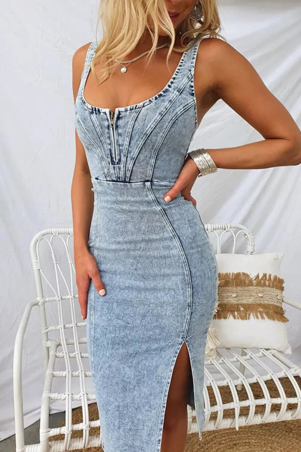 Side Slit Washed Scoop Neck Denim Dress - Lilixa.store