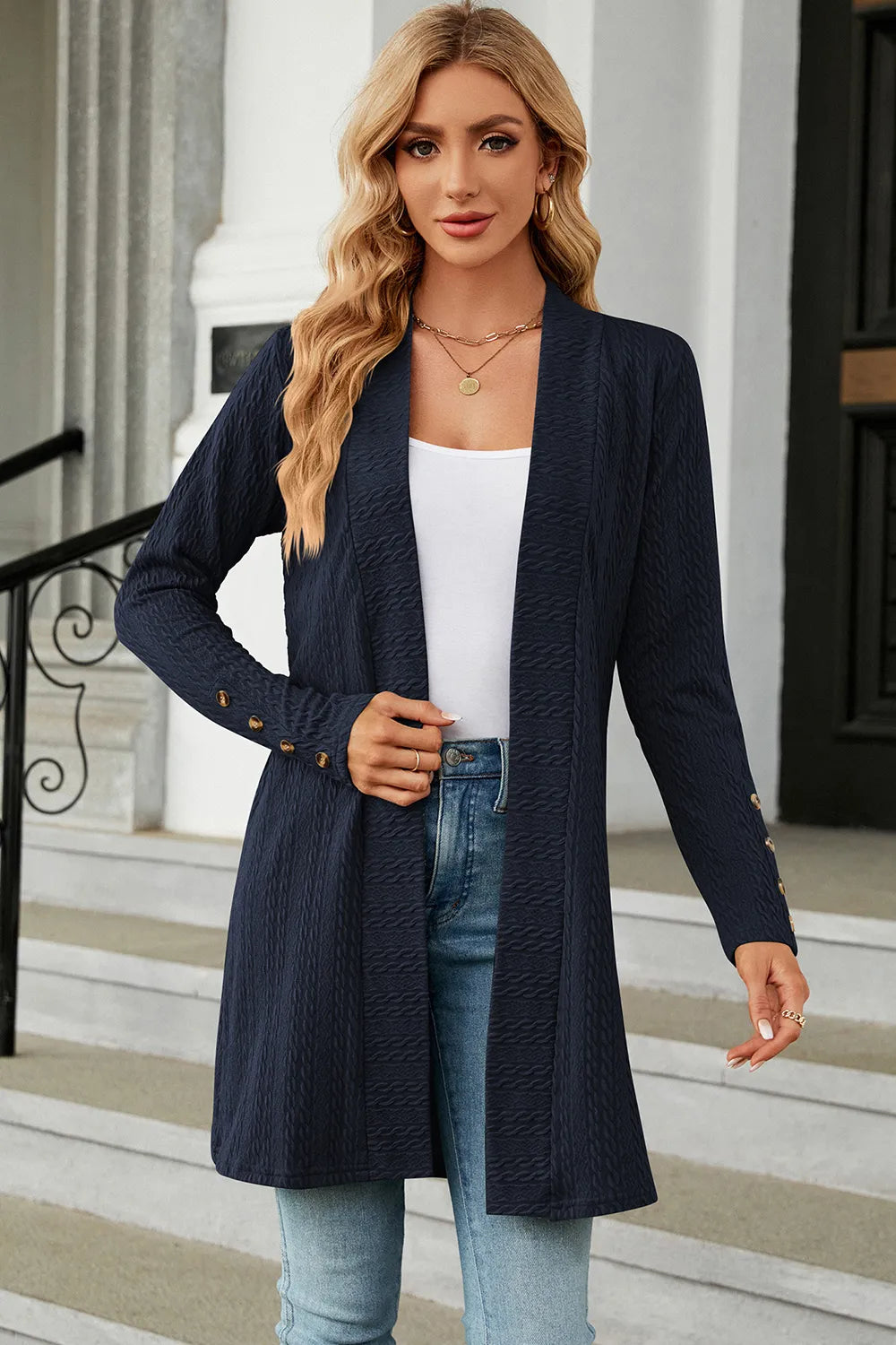 Open Front Long Sleeve Cardigan in Dark Blue