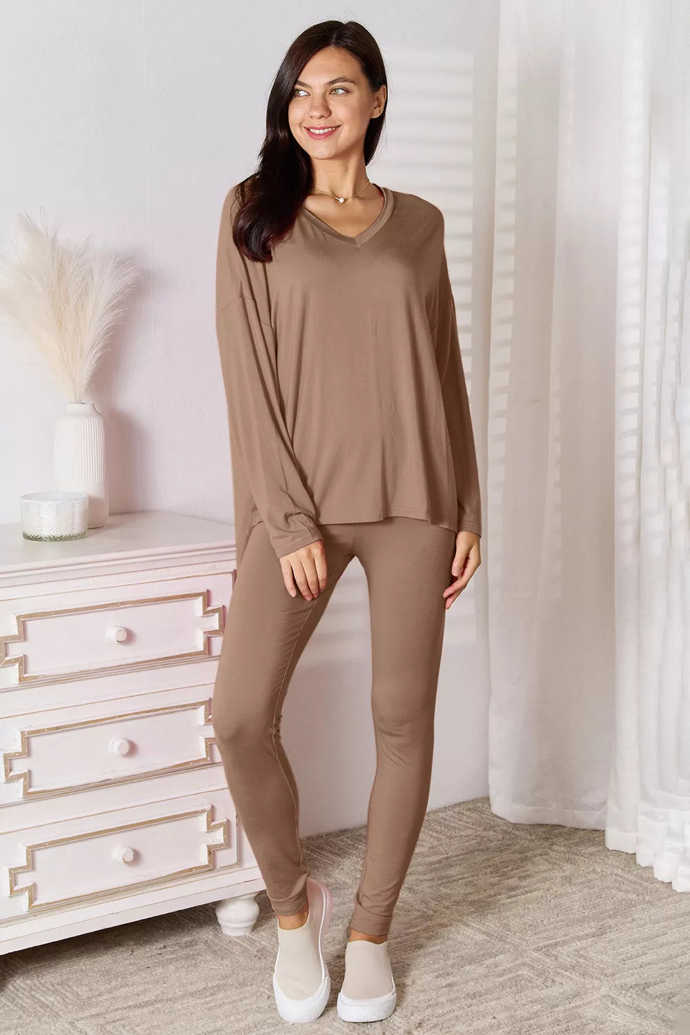 Basic Bae Full Size V-Neck Soft Rayon Long Sleeve Top and Pants Lounge Set - Lilixa.store