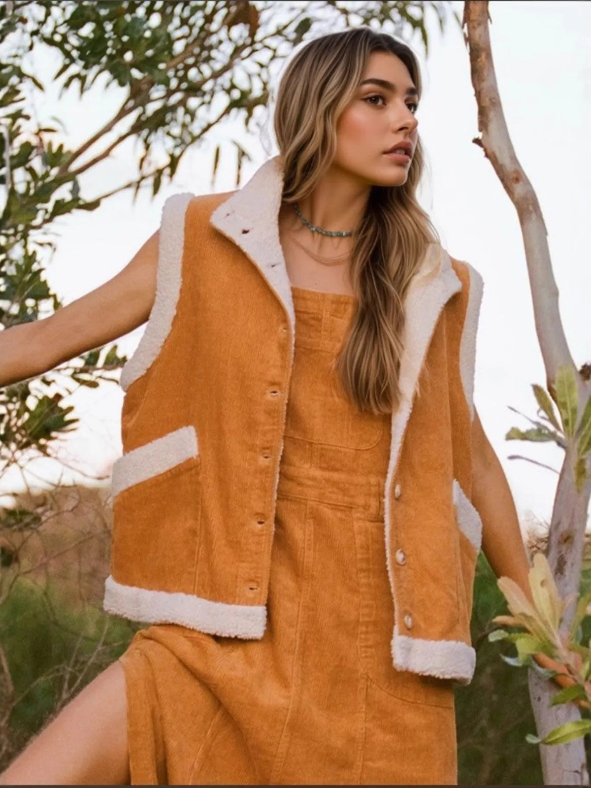 Button Up Sherpa Vest Coat in Terracotta, view 3