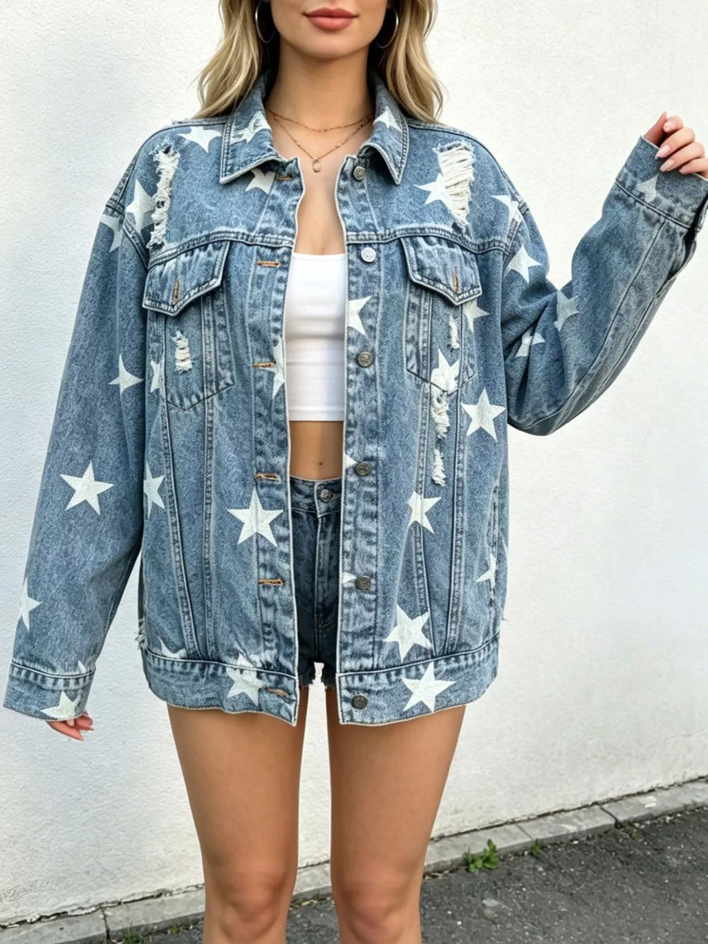 Star Print Distressed Oversized Denim Jacket - Lilixa.store