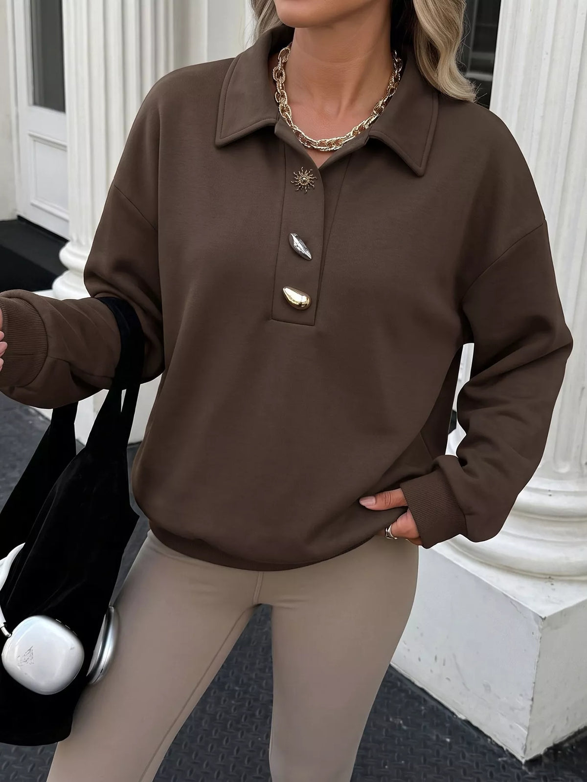 Polo Collar Dropped Shoulder Sweatshirt - Lilixa.store