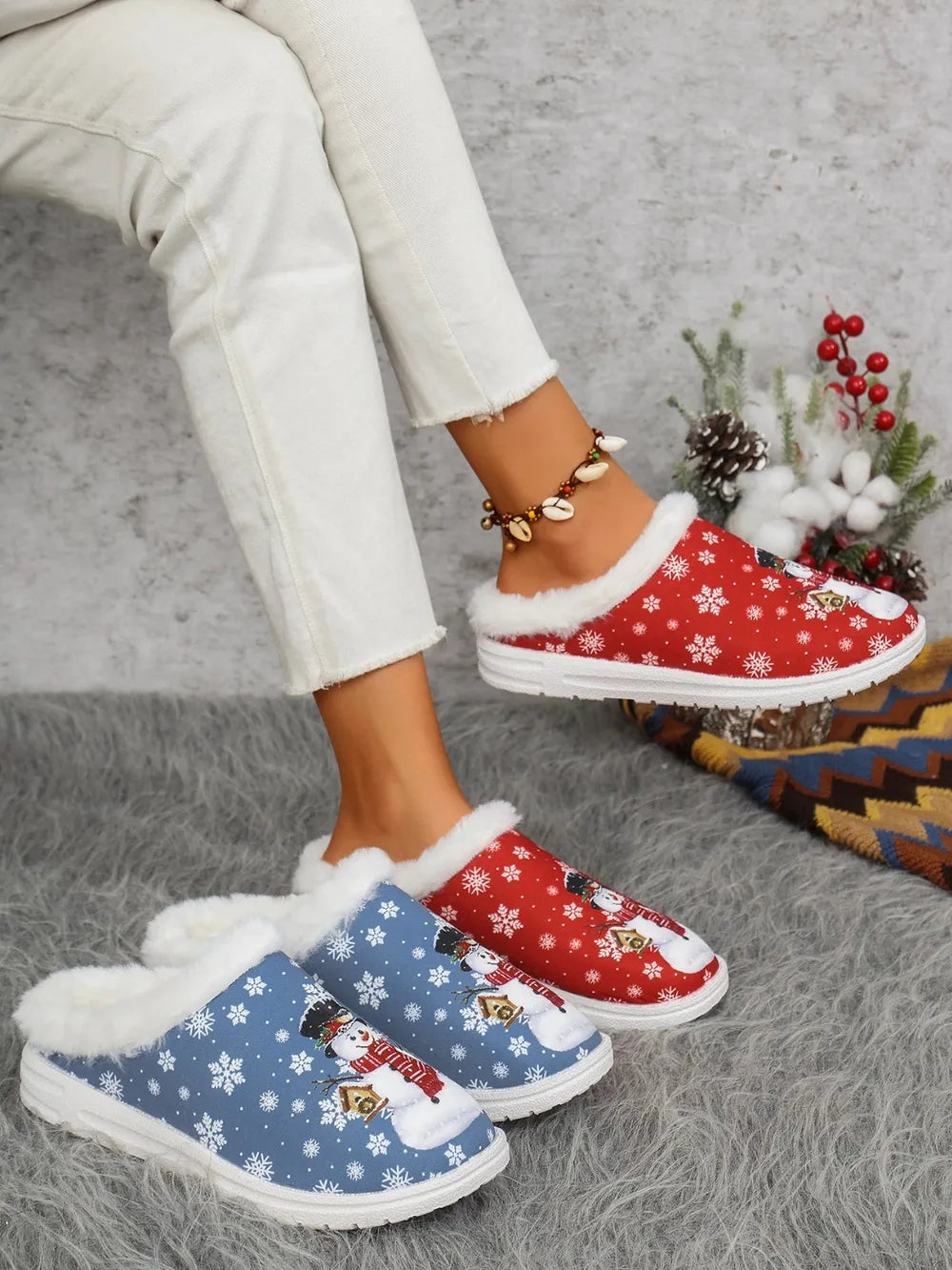 Snowman Print Flat Slippers with Faux Fur - Lilixa.store