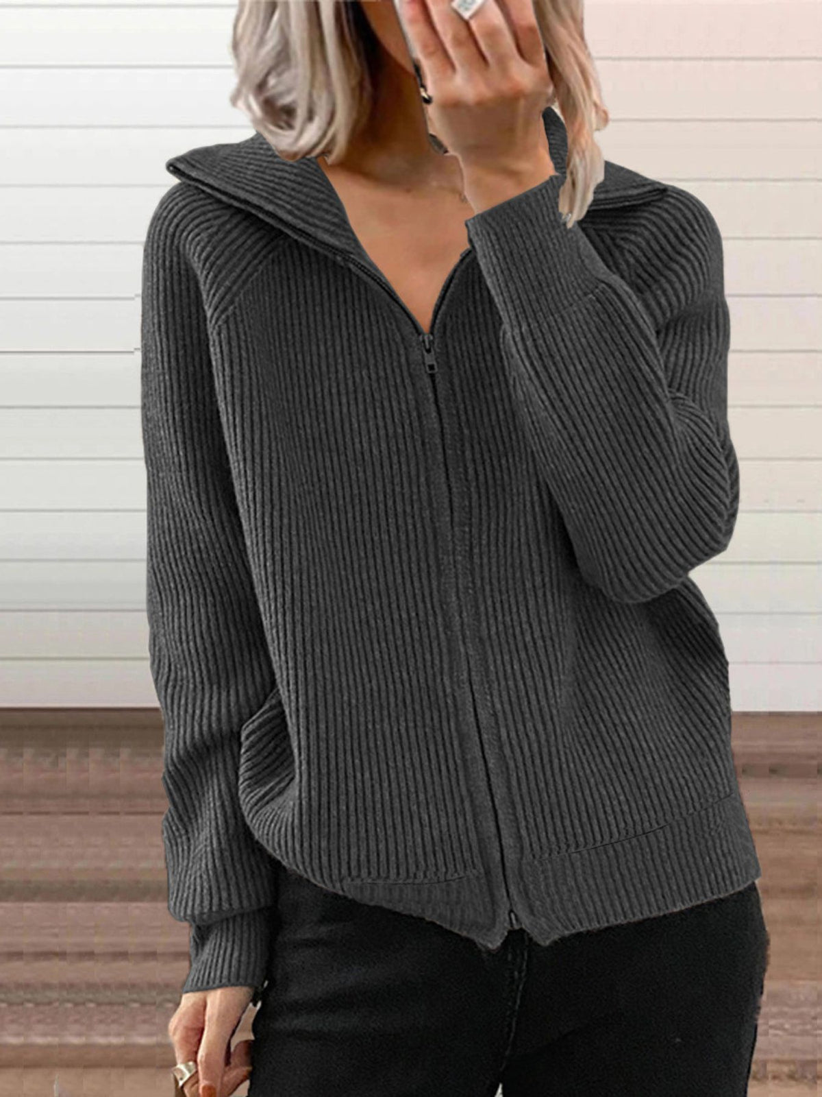 Full Size Ribbed Knit Zip-Up Outerwear Plus Size in Gray