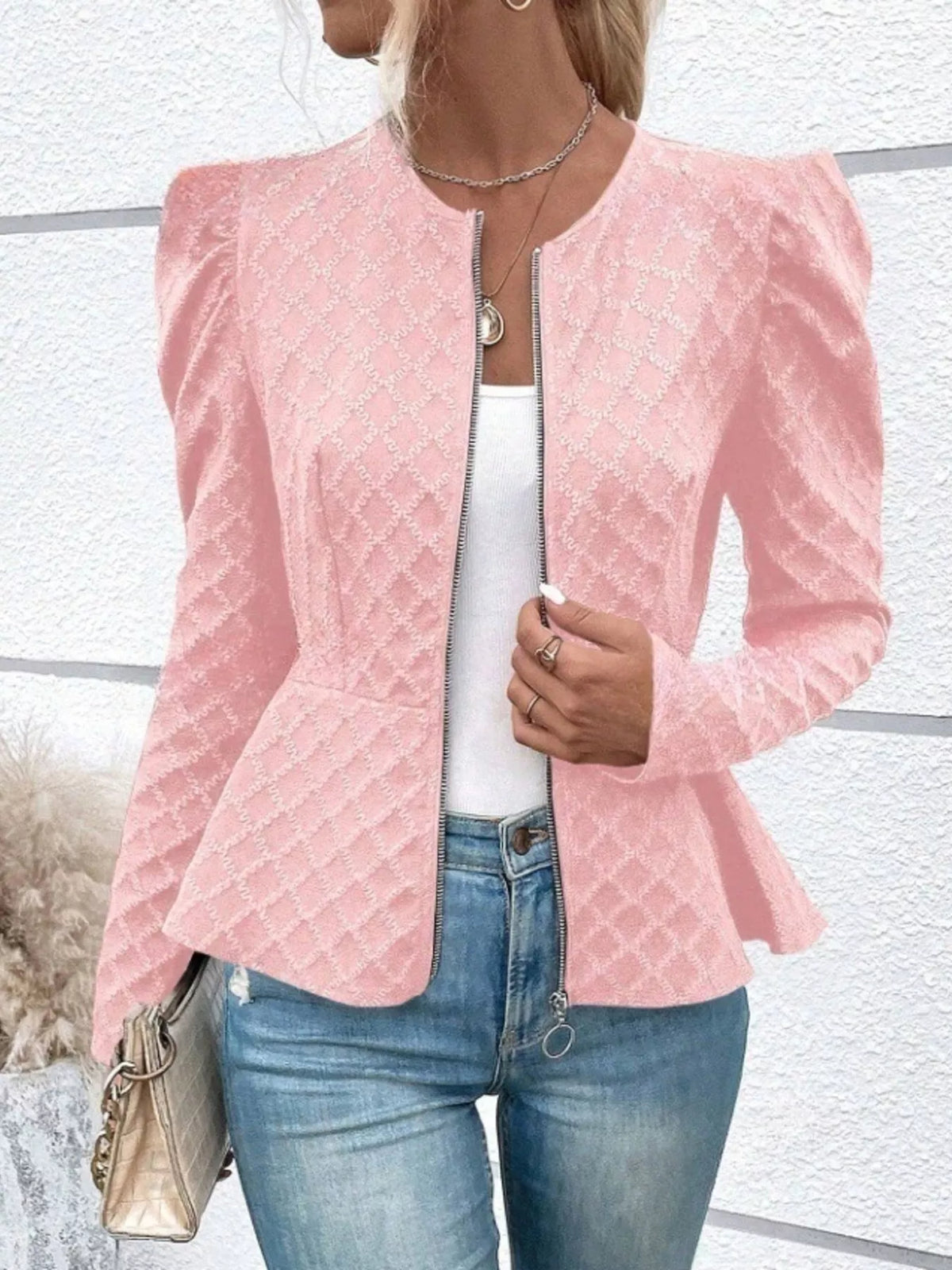 Puff Sleeve Textured Jacquard Jacket, view 3