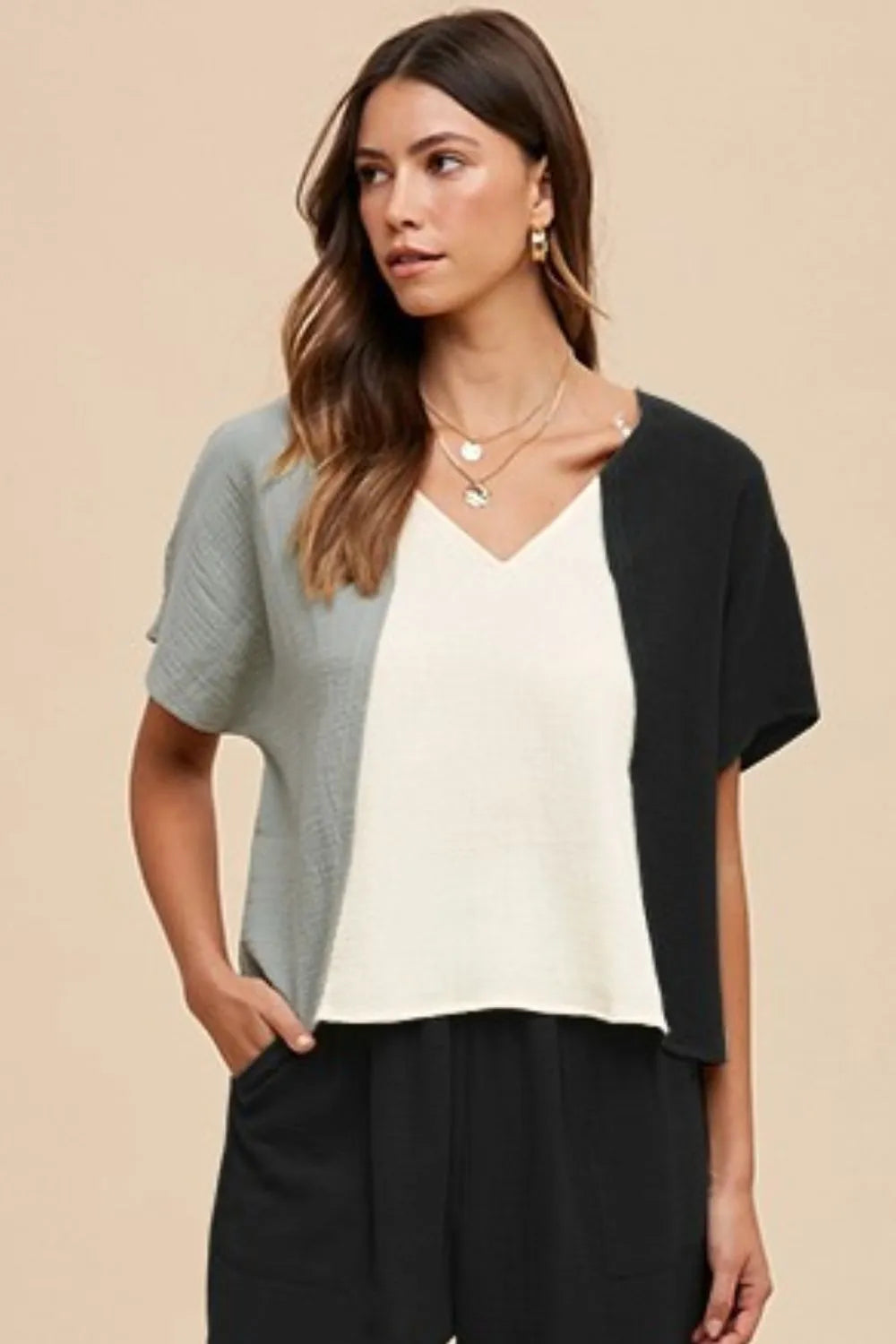 Annie Wear Color Block Cotton Gauze V-Neck Top - Lilixa.store