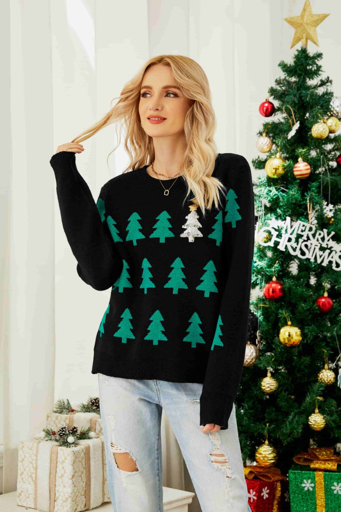 Christmas Tree Round Neck Ribbed Trim Sweater in Black