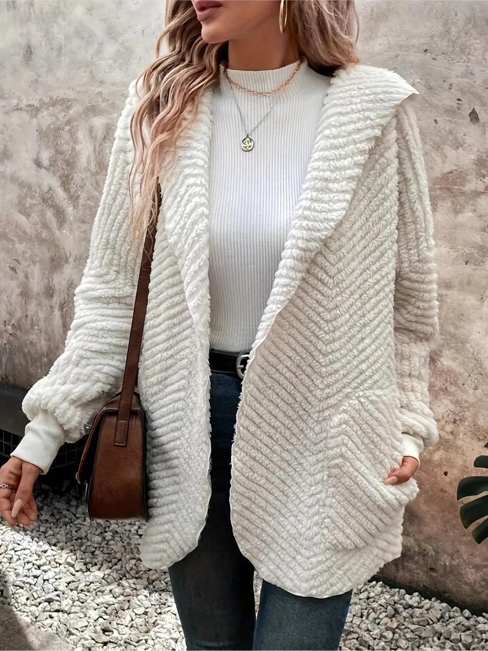 Open Front Long Sleeve Hooded Fuzzy Cardigan in Ivory, view 4