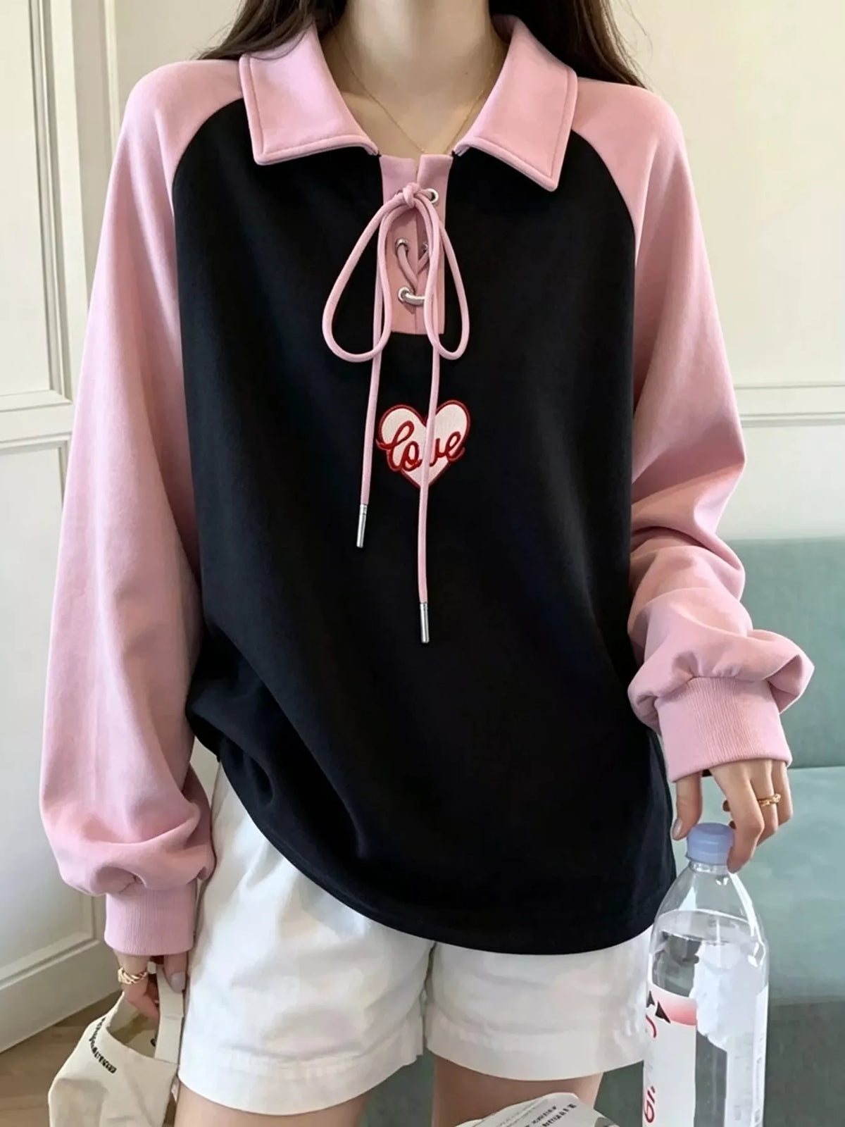 Heart Embroidery Lace-Up Detail Polo Collar Sweatshirt - Lilixa.store