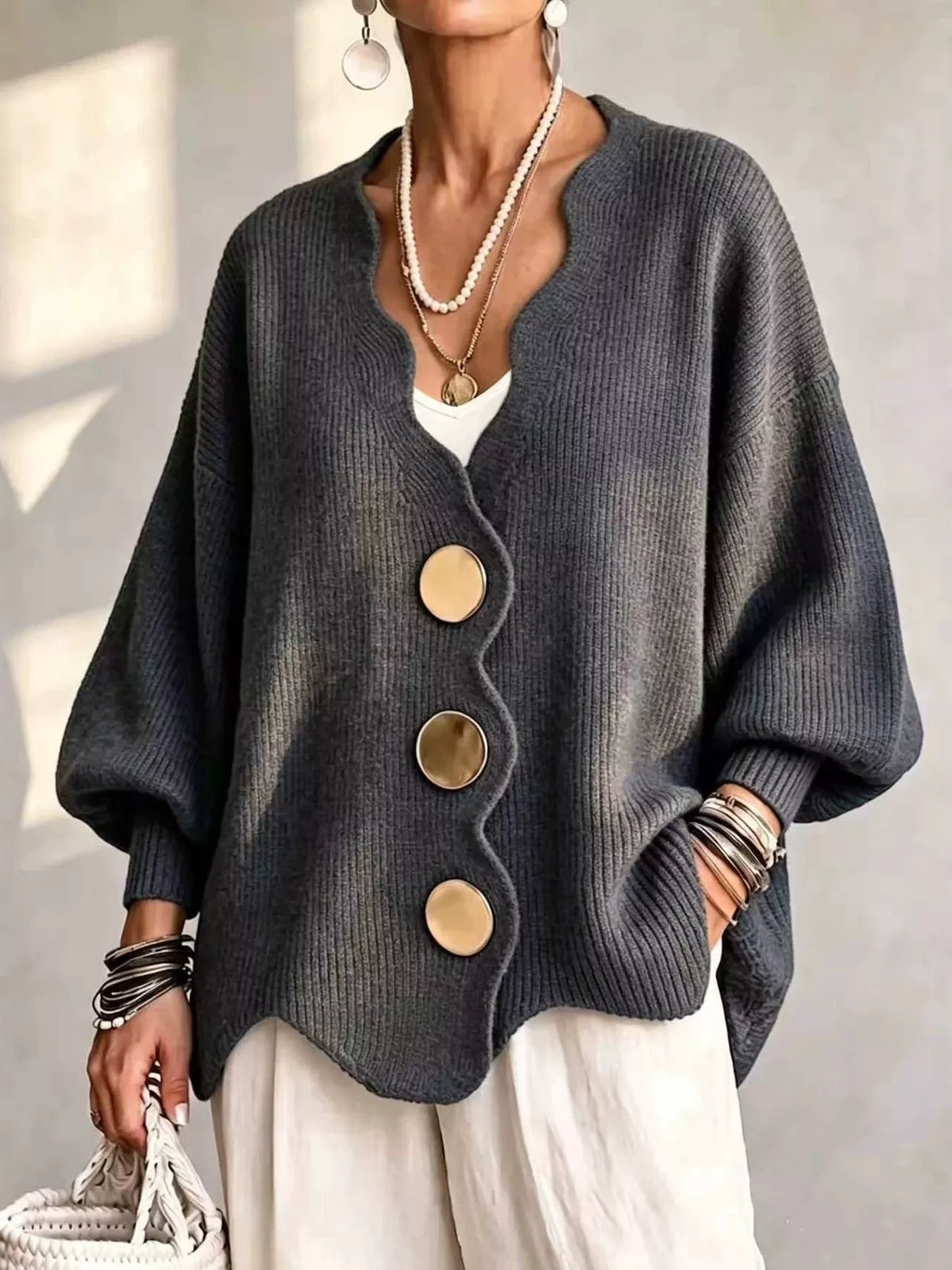 Full Size Scalloped-Edge Oversized Button-Down Cardigan Plus Size