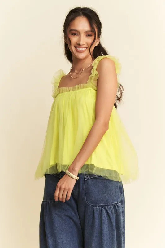 Davi & Dani Shirred Ruffle Strap Tulle Babydoll Top - Lilixa.store