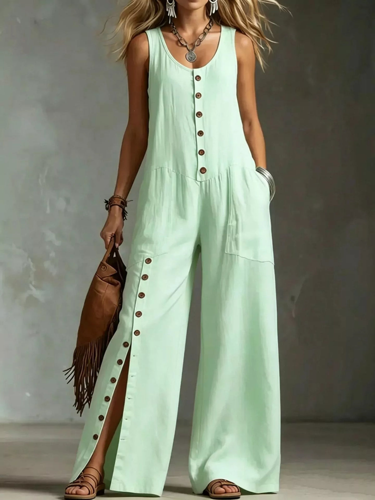 Full Size Sleeveless Button Front Wide Leg Jumpsuit Plus Size - Lilixa.store