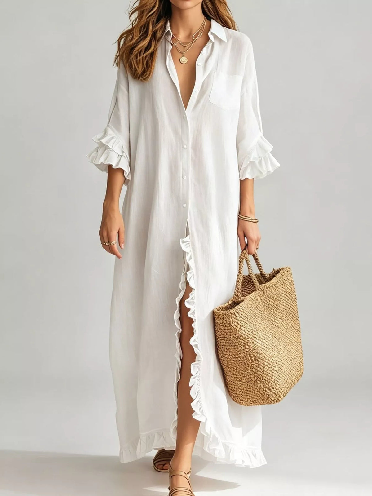 Full Size Ruffled Trim Button-Down Maxi Shirt Dress Plus Size - Lilixa.store