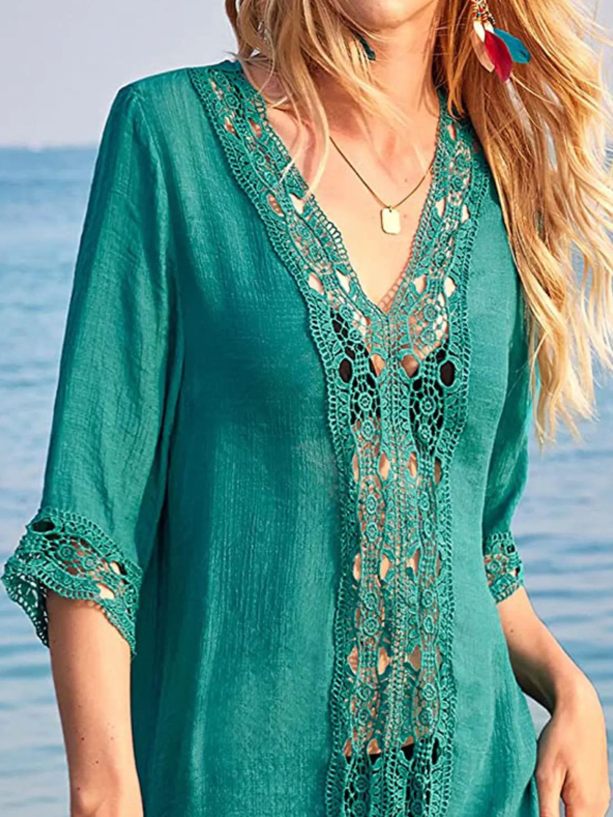 Lace Trim V-Neck Cover-Up - Lilixa.store