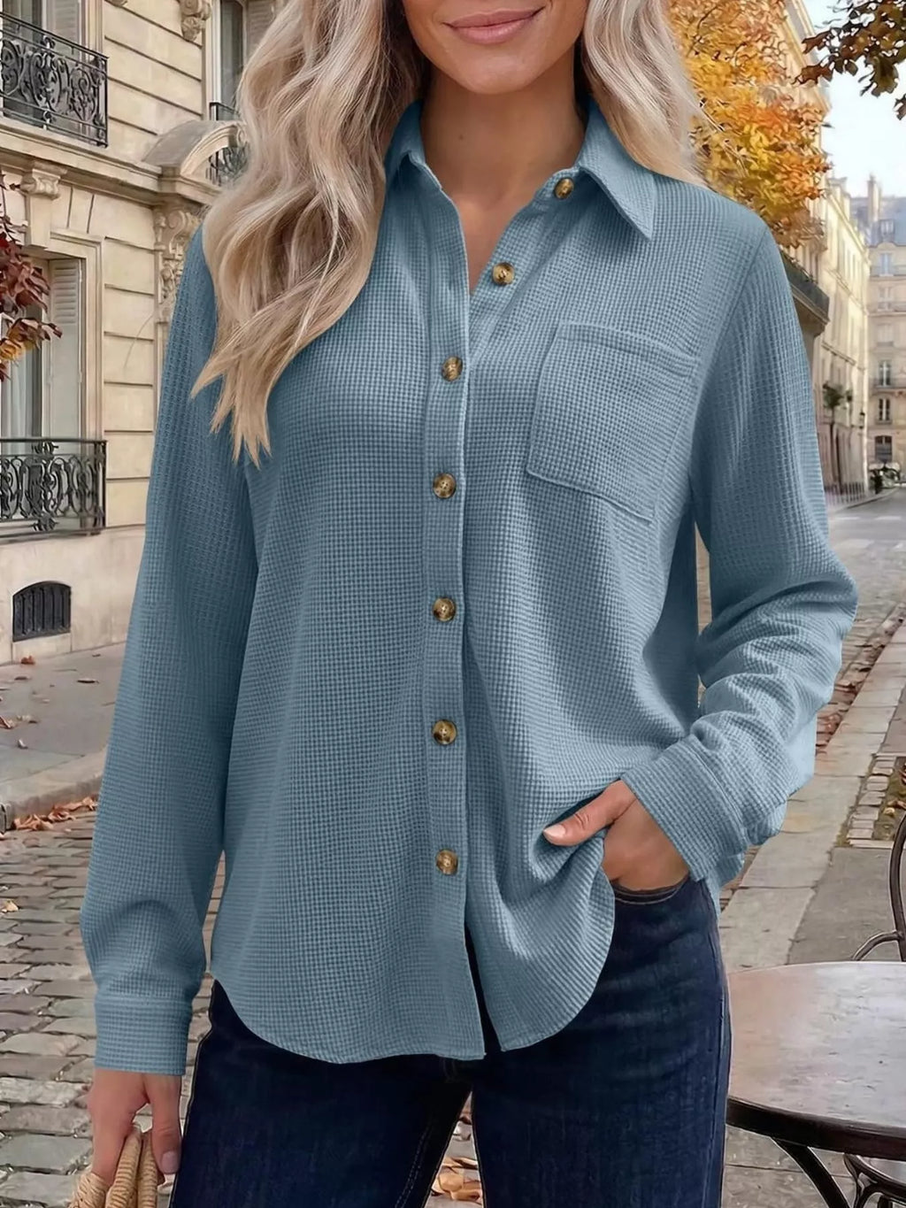 Waffle Knit Button-Down Long Sleeve Shirt - Lilixa.store