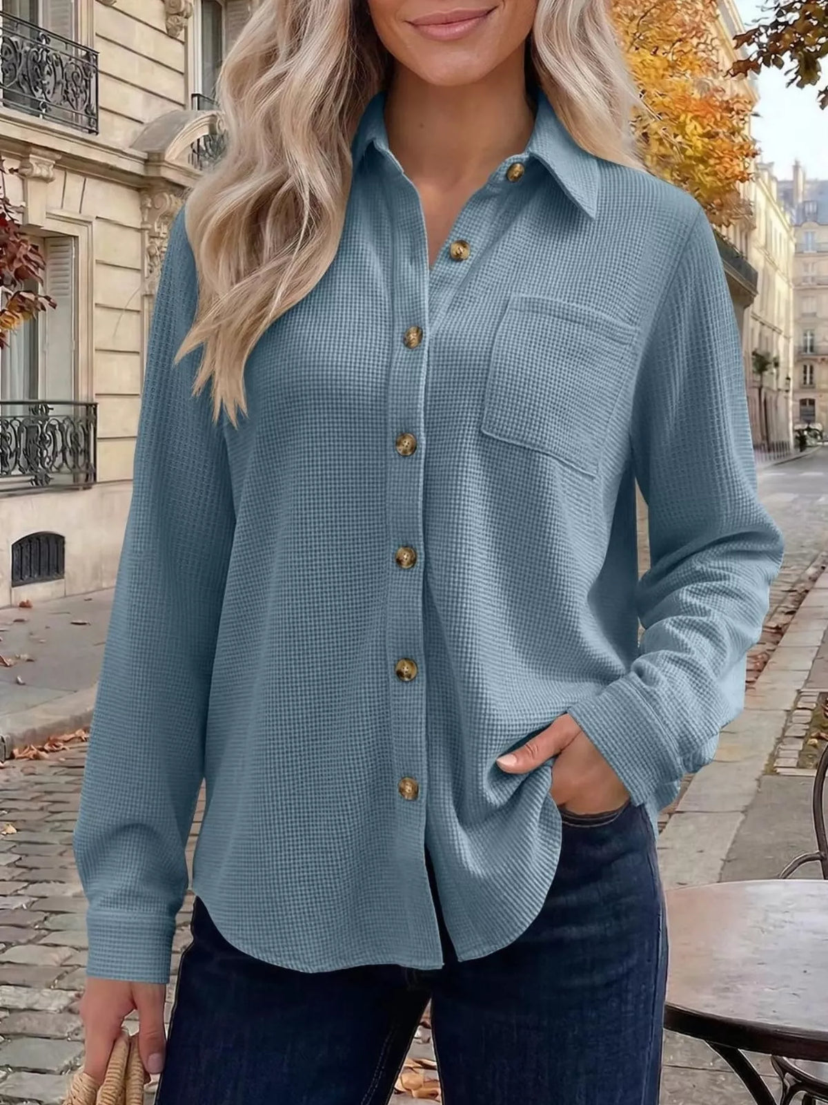 Waffle Knit Button-Down Long Sleeve Shirt - Lilixa.store